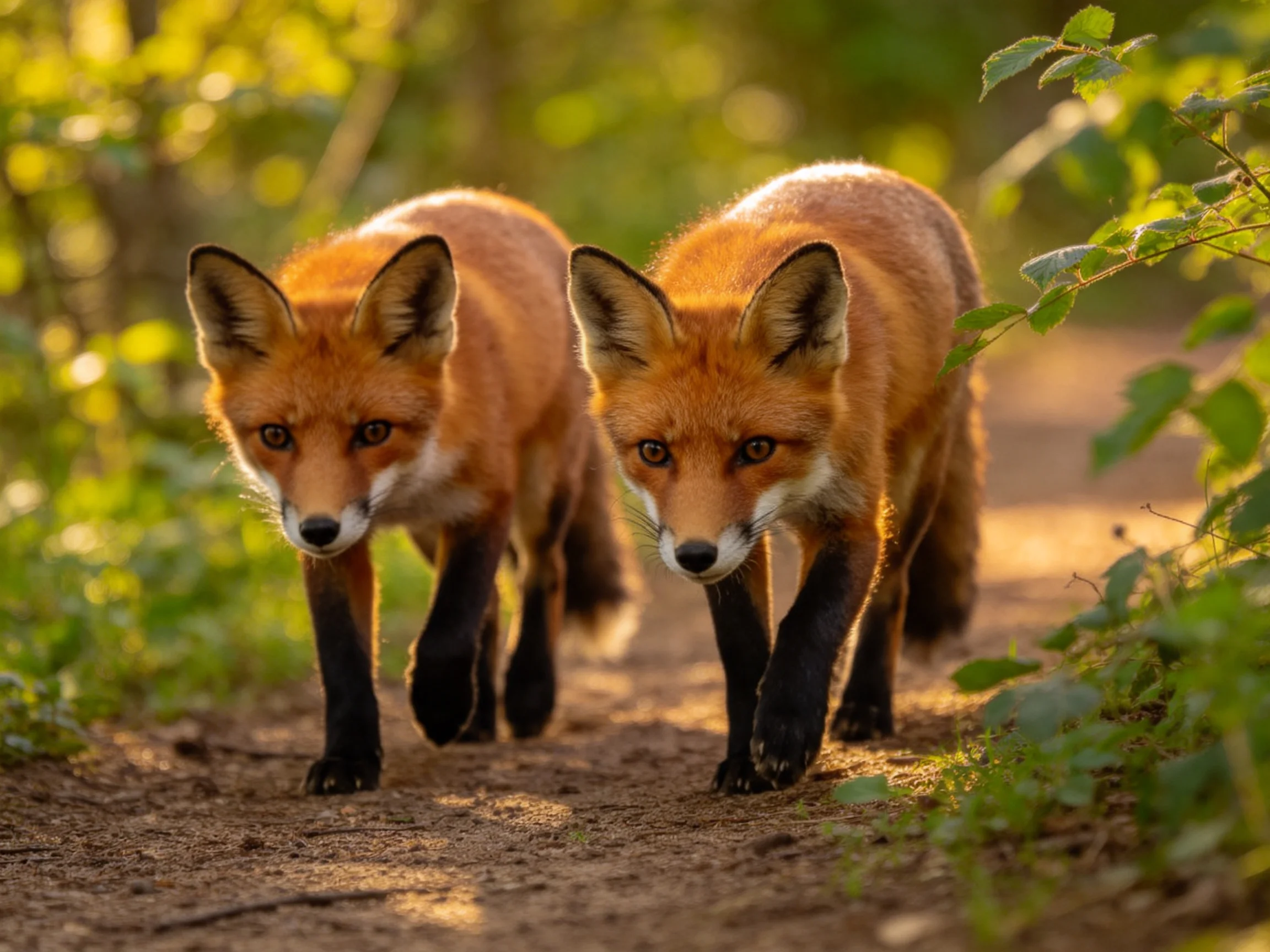 Two reddish-orange foxes walk along a sunlit forest path