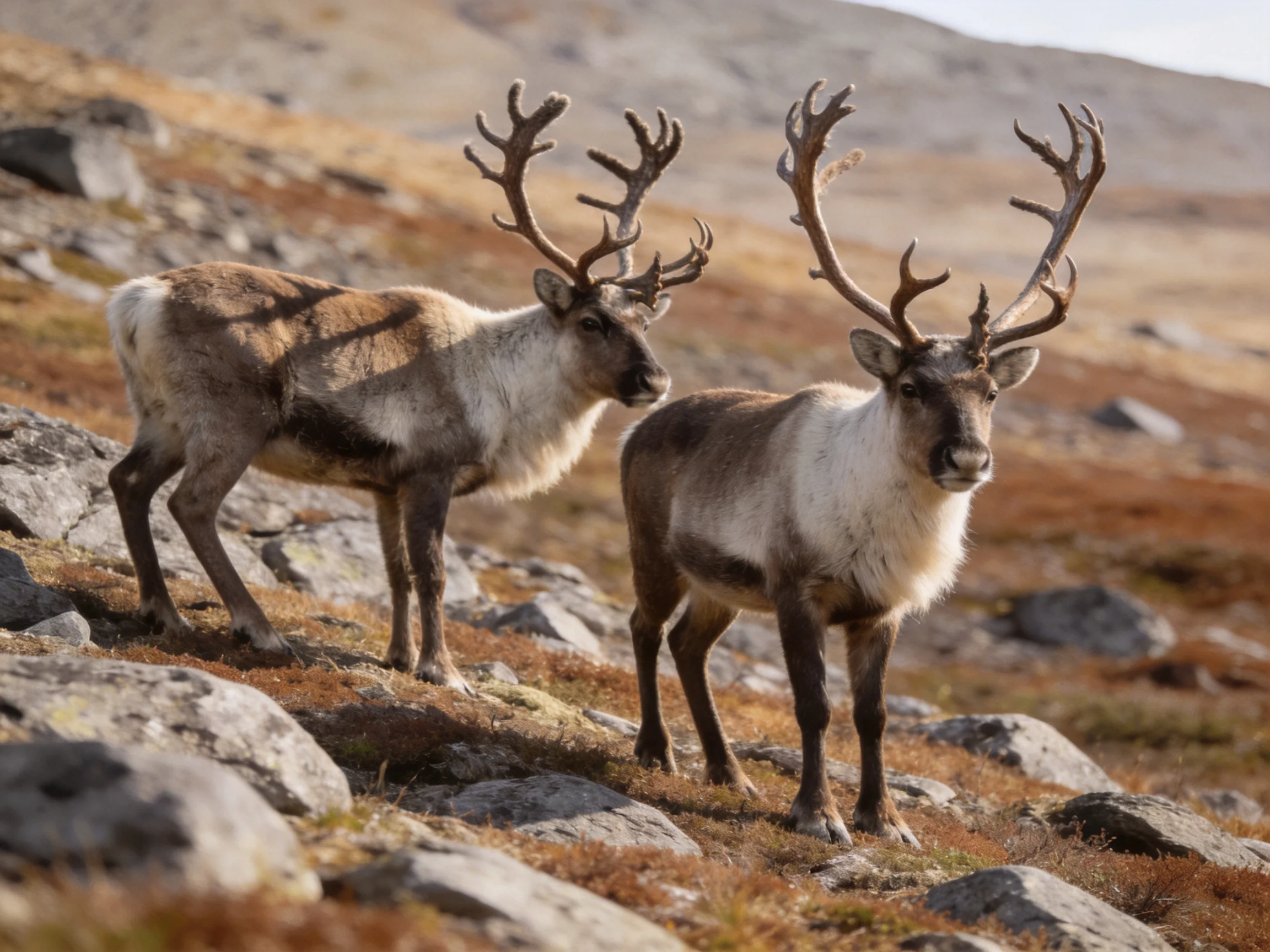 Two reindeer with large antlers on rocky tundra