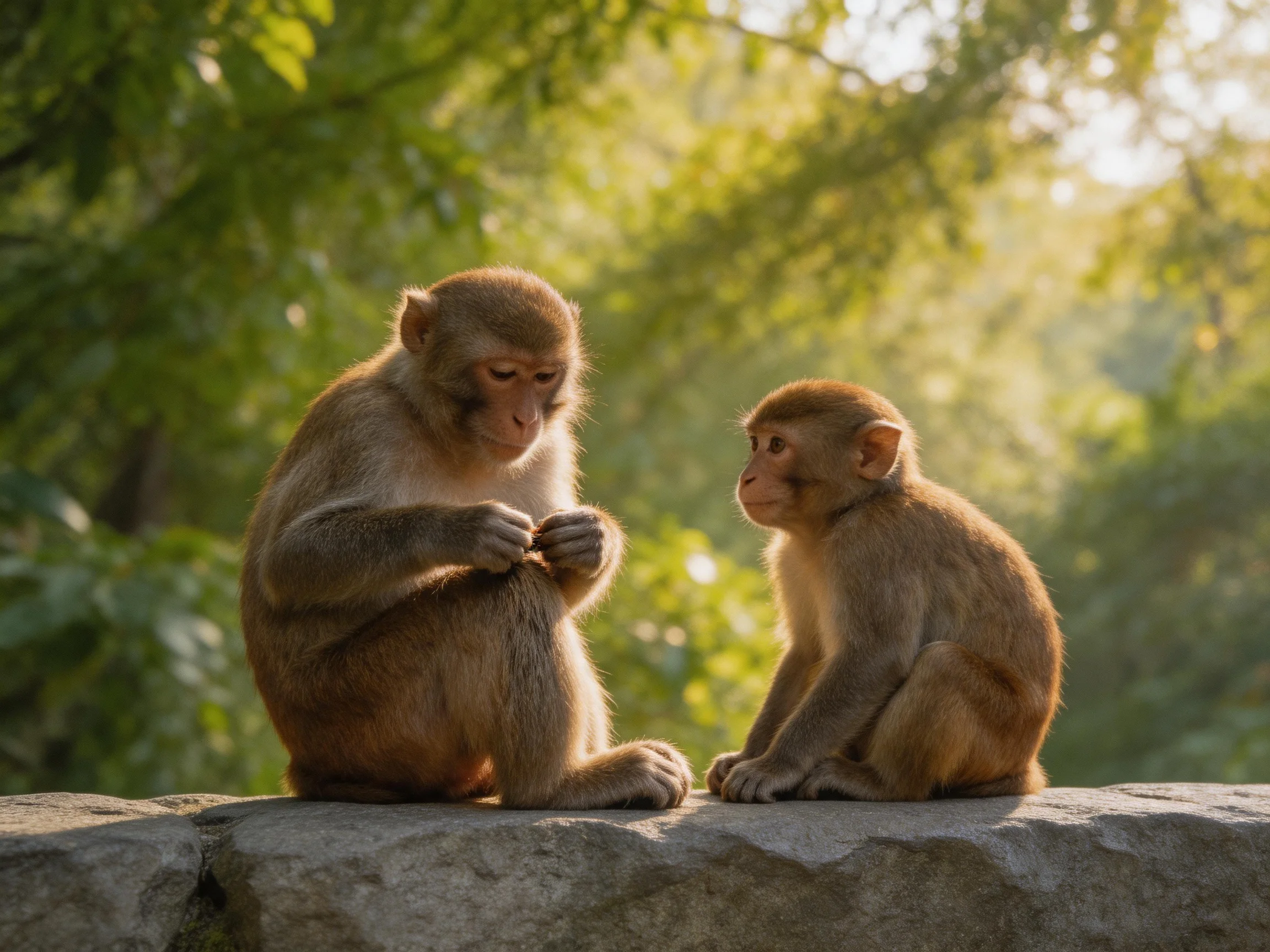 Two rhesus monkeys interact on a stone ledge amidst lush green foliage