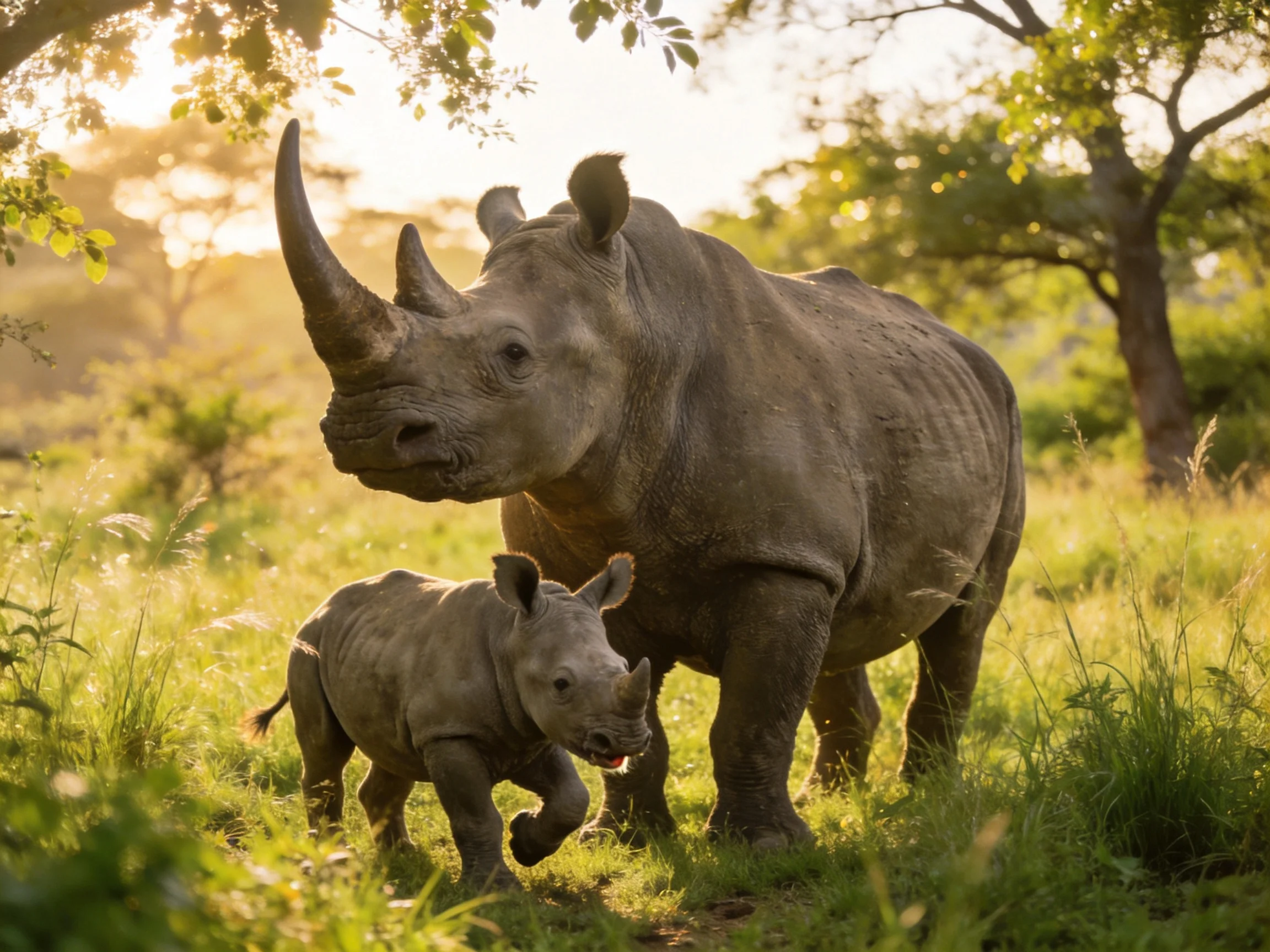 Two rhinoceroses, an adult and a juvenile, traverse a sunlit savannah with lush greenery