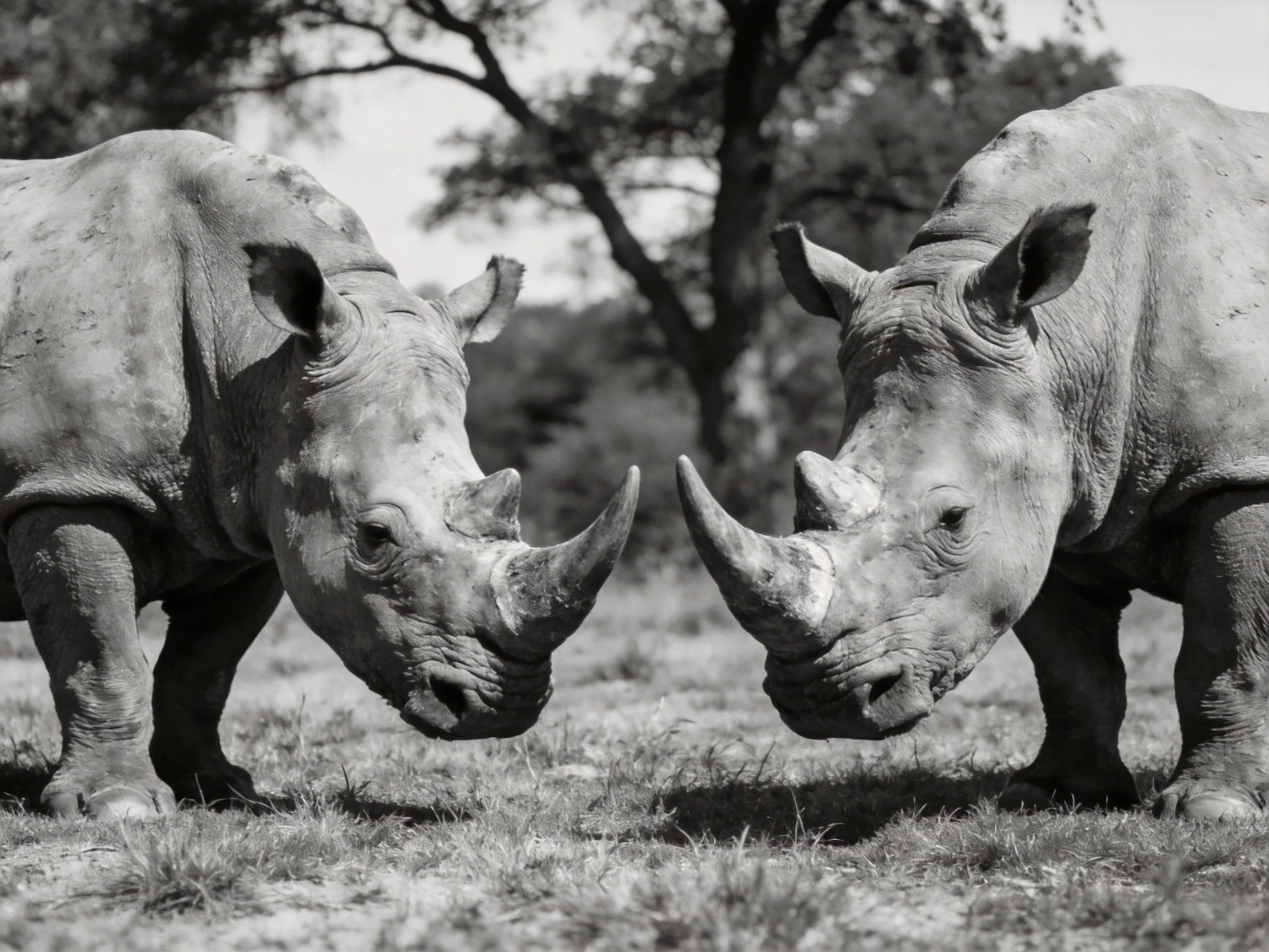 Two rhinoceroses face each other in a natural savannah setting
