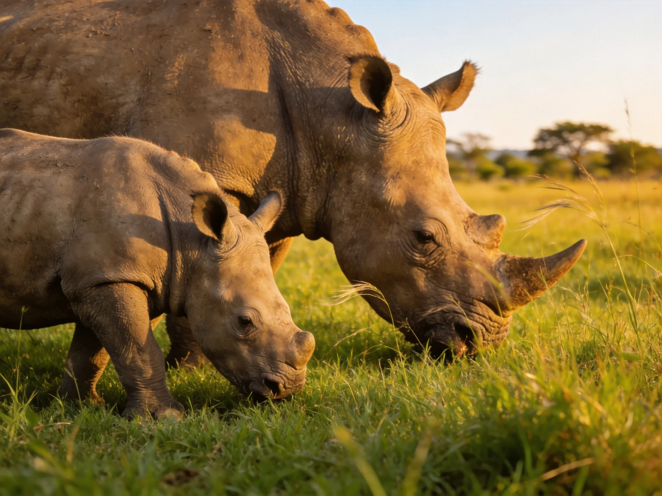 Two rhinoceroses graze in a golden savannah landscape