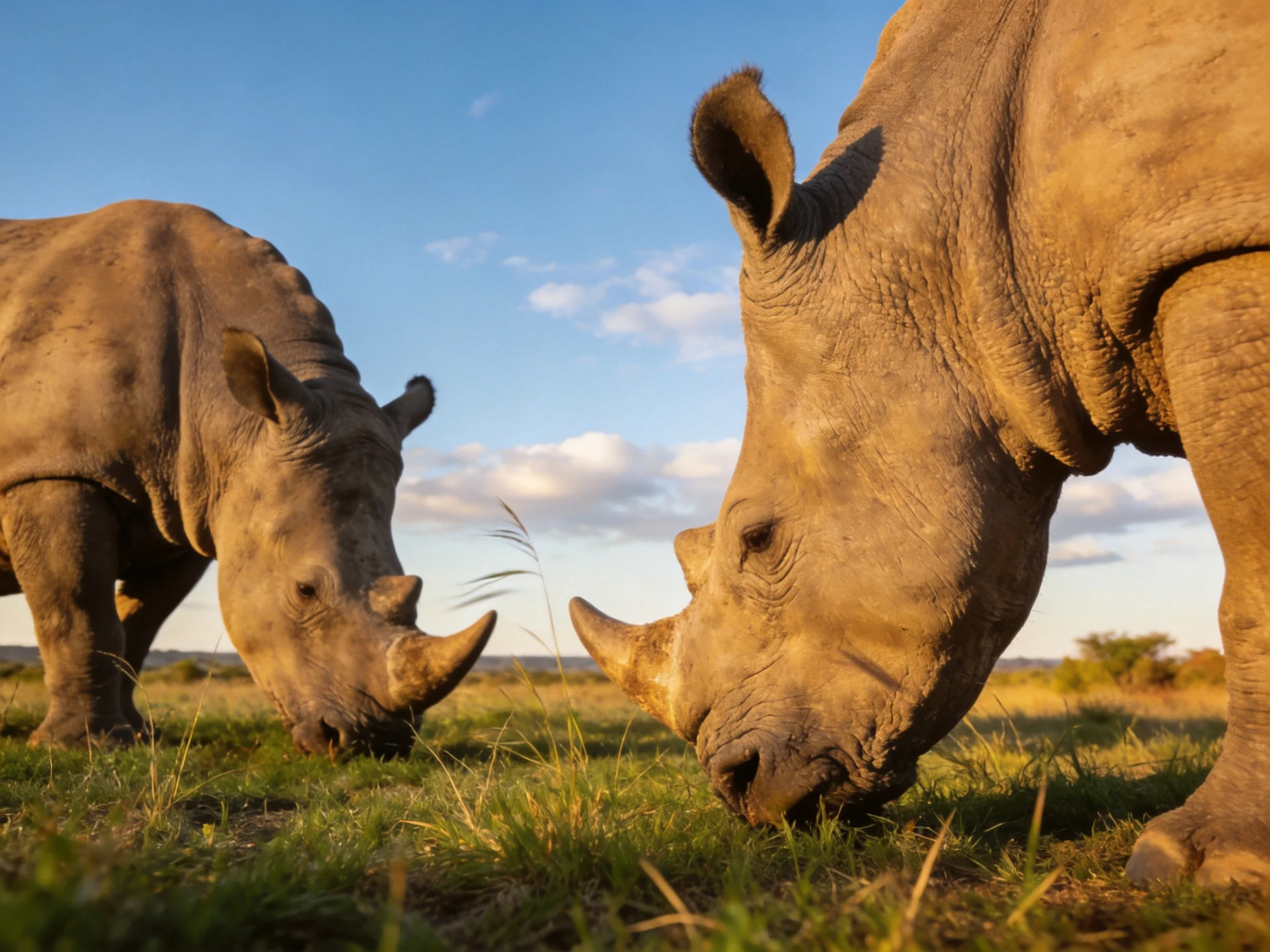 Two rhinoceroses graze in a sunlit savannah landscape