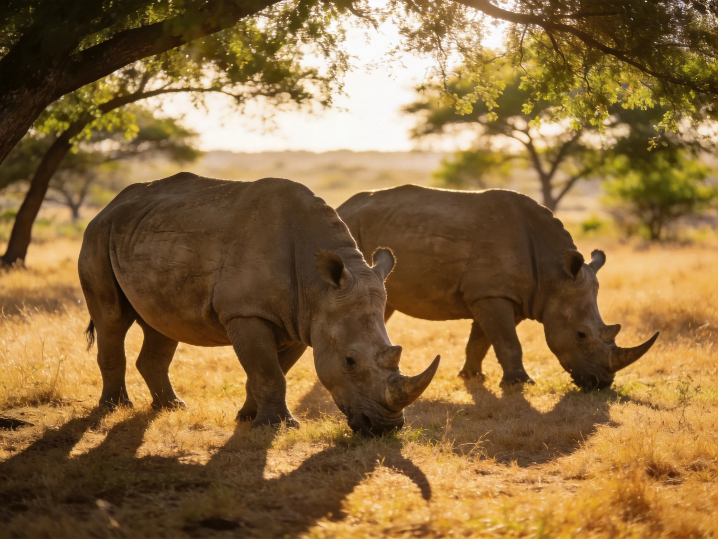 Two rhinoceroses graze in golden savannah under shaded trees