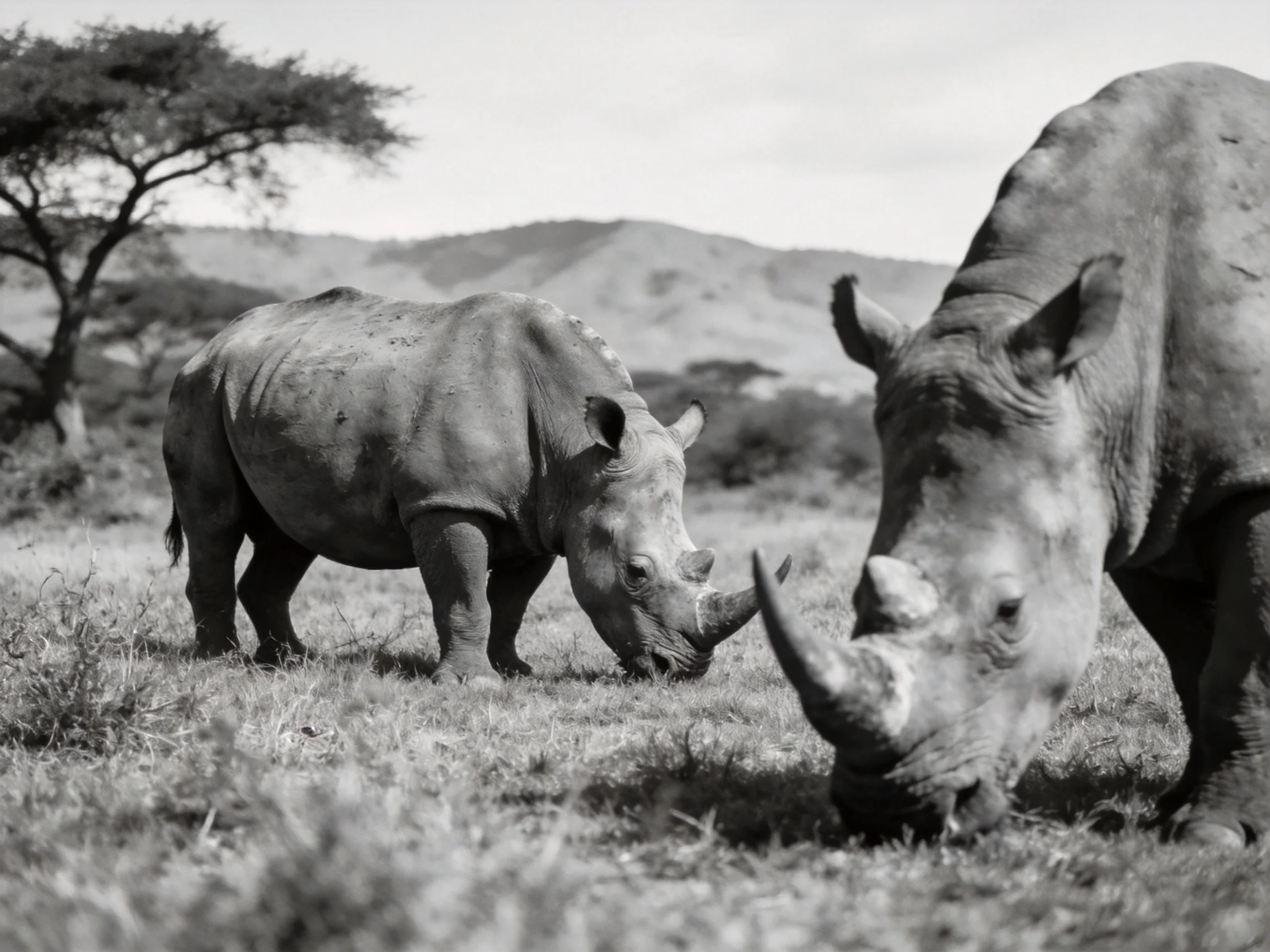 Two rhinoceroses grazing in a savannah landscape in black and white