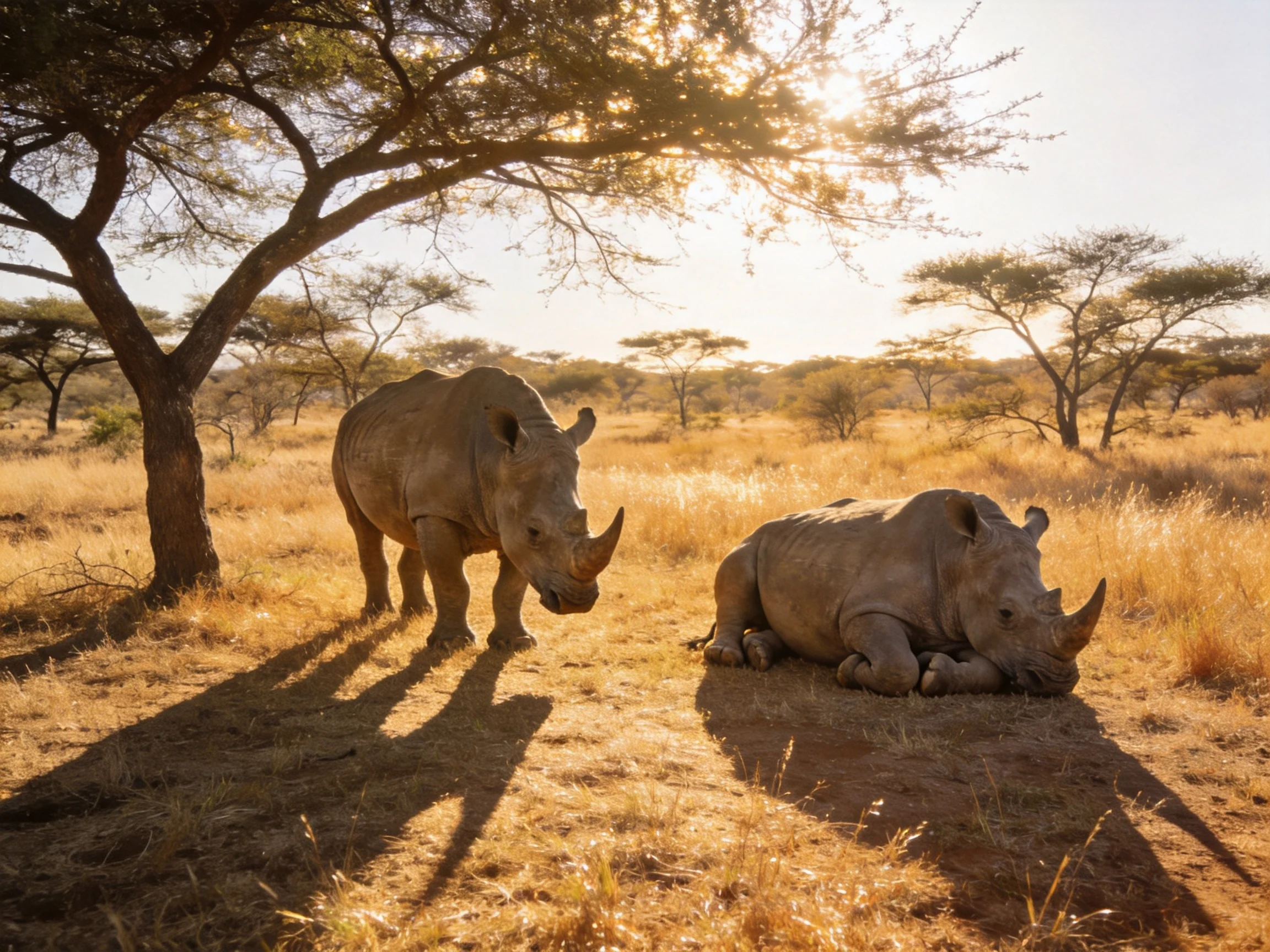 Two rhinoceroses in a sunlit golden savannah with acacia trees