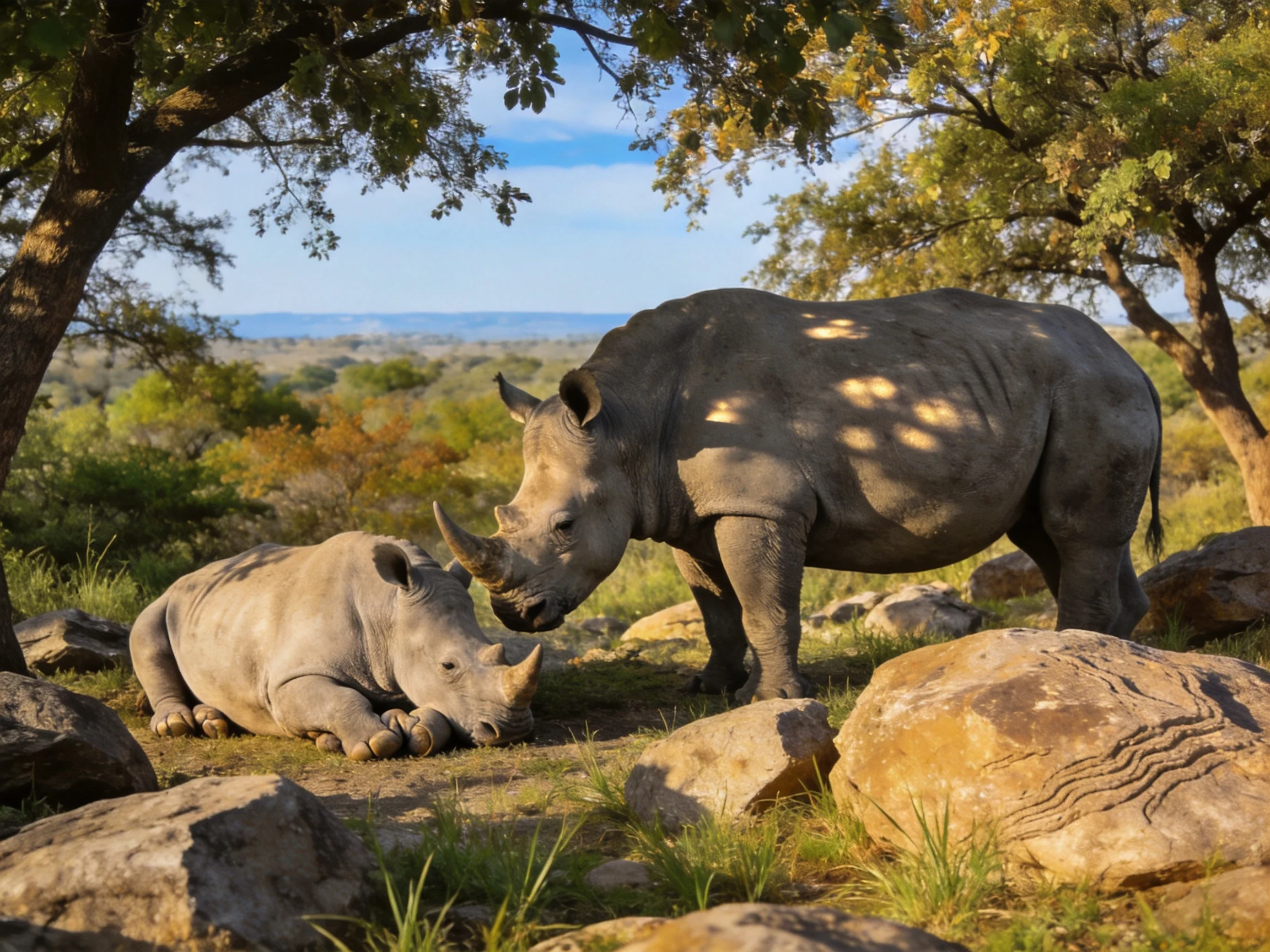 Two rhinoceroses near rocks and trees in a sunny savannah