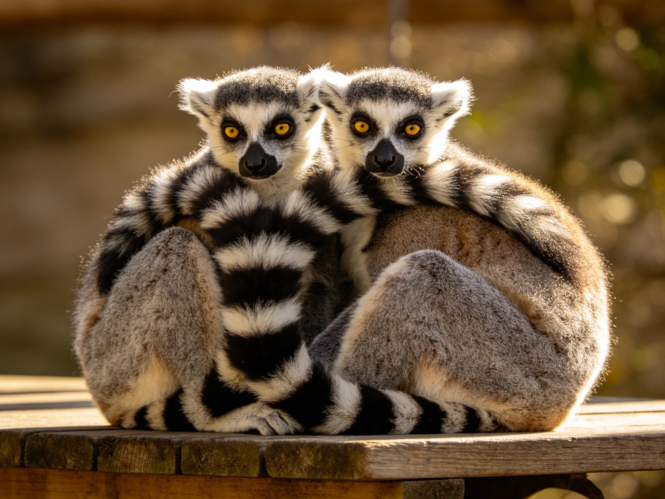 Two ring - tailed lemurs cuddle together on a wooden surface