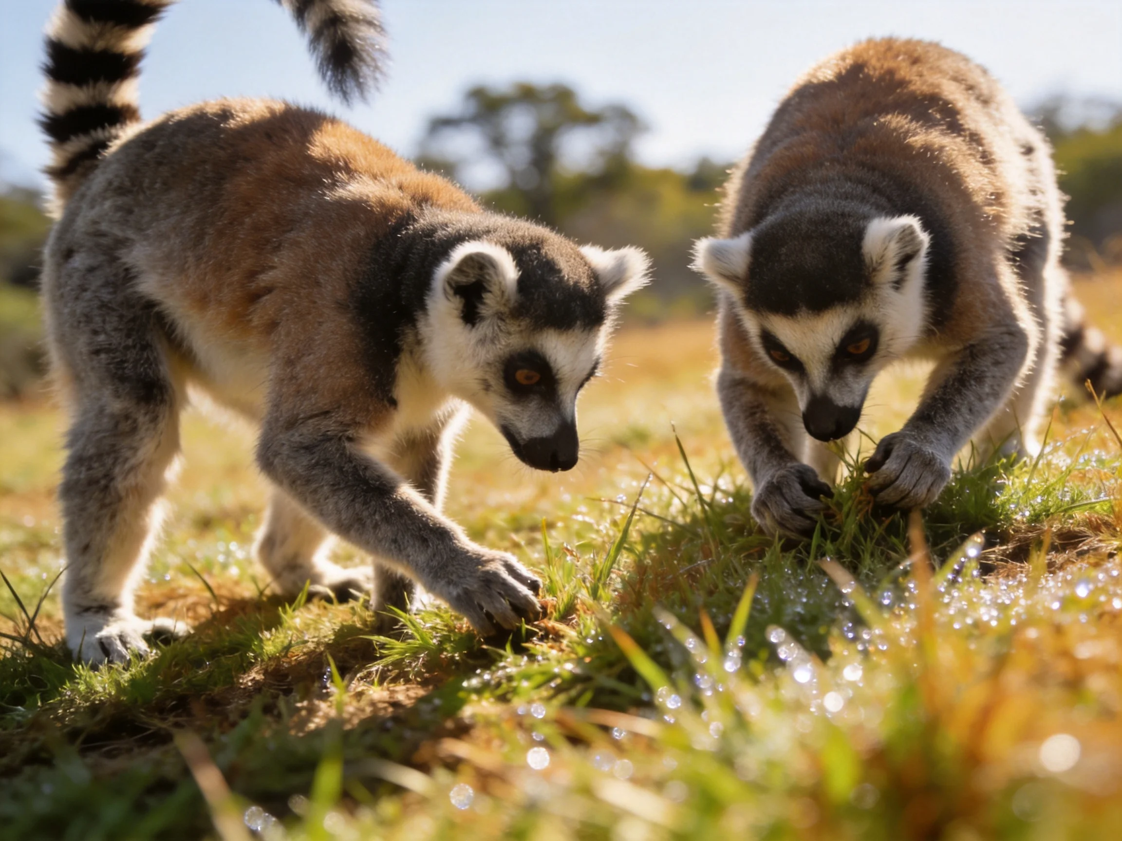 Two ring-tailed lemurs forage amid dewy grass in bright daylight