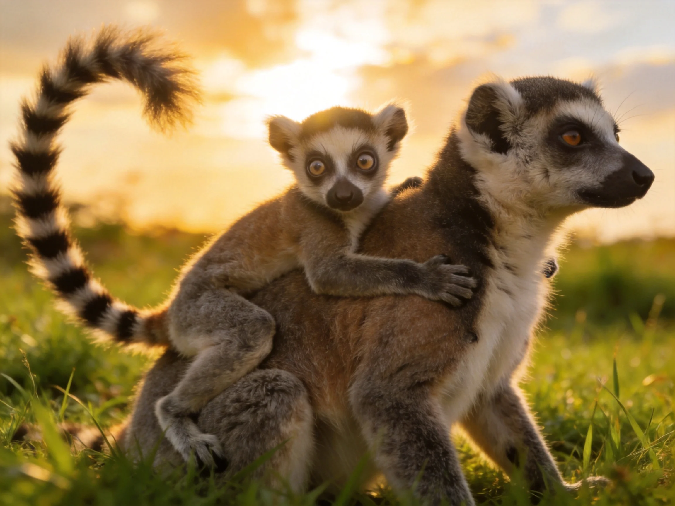 Two ring - tailed lemurs, one carrying a baby, in golden grassland at sunset