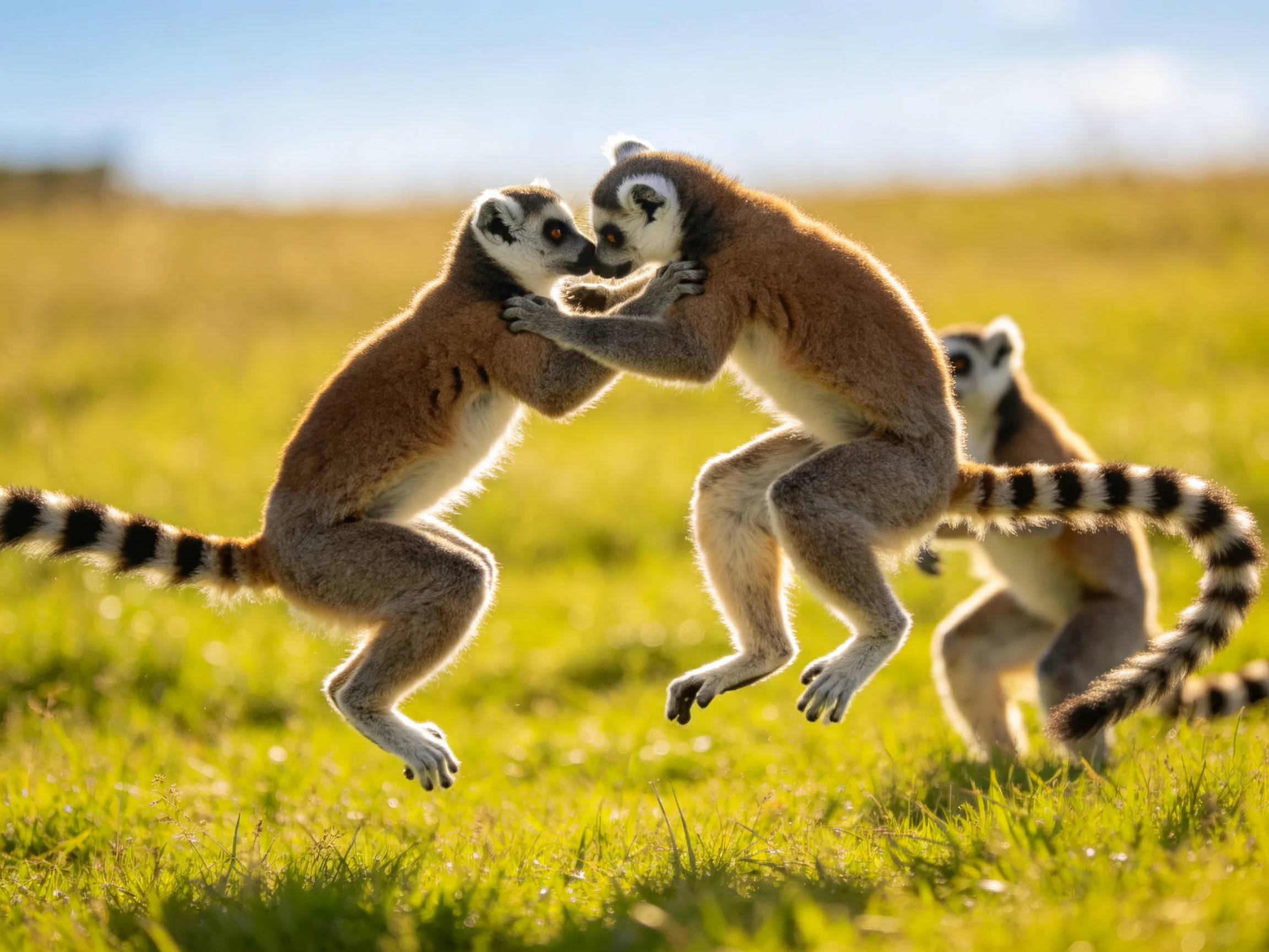 Two ring-tailed lemurs playfully interact near a third in sunlit grassland