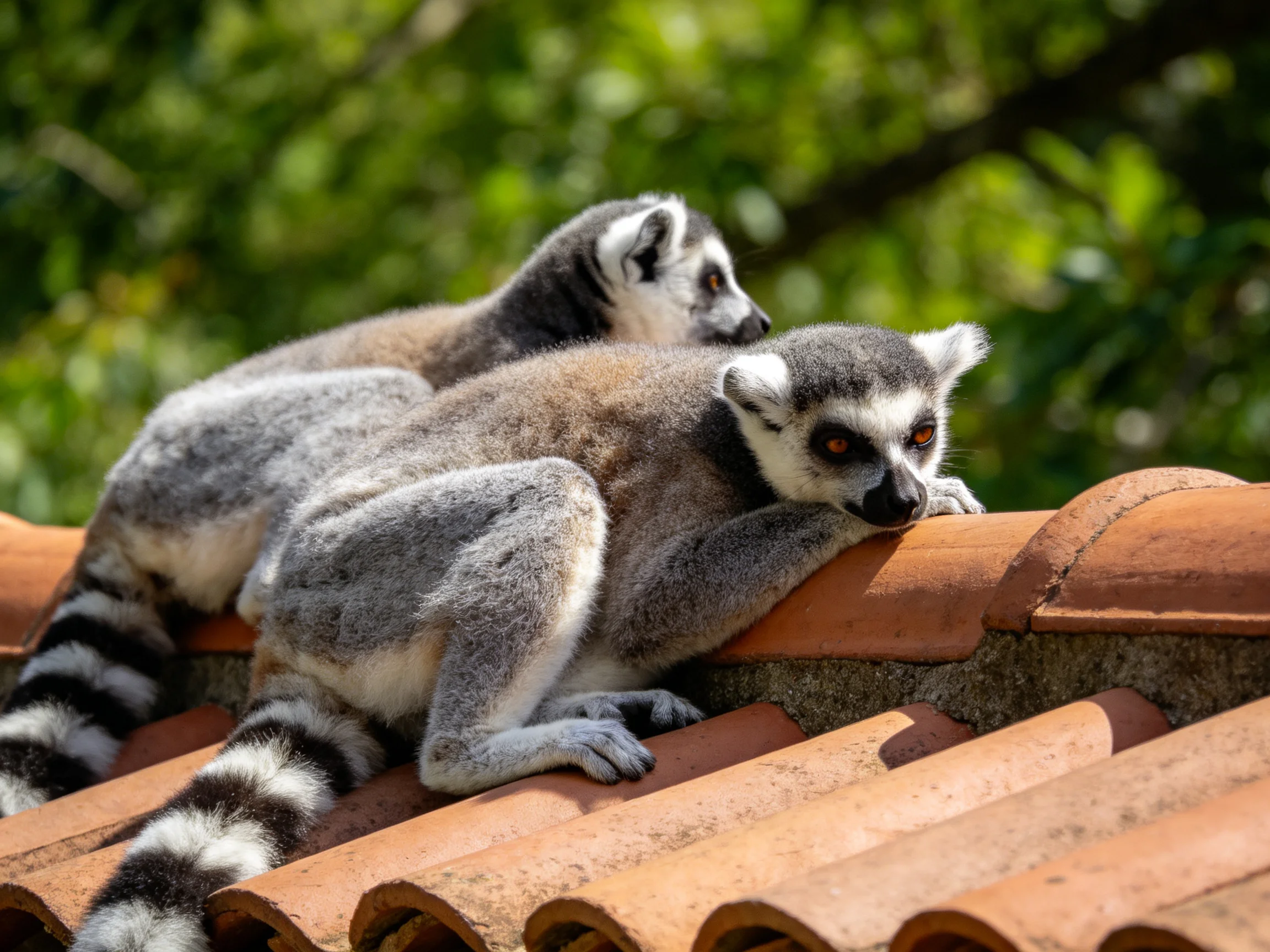 Two ring-tailed lemurs rest on a terracotta roof surrounded by greenery