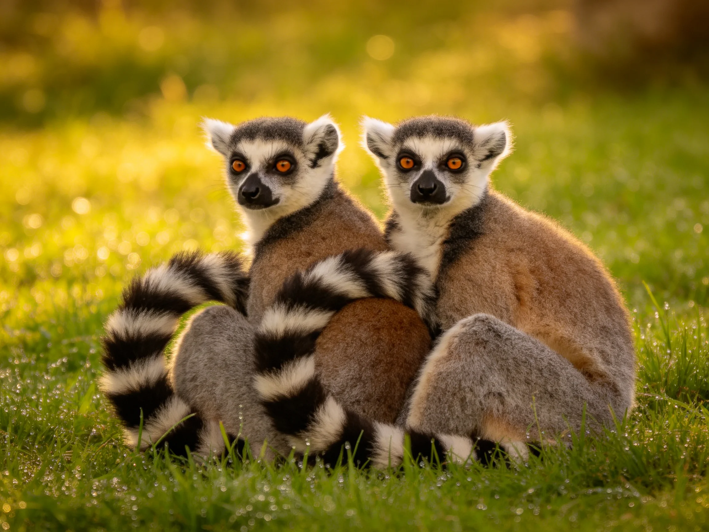 Two ring-tailed lemurs rest on lush green grass in golden light