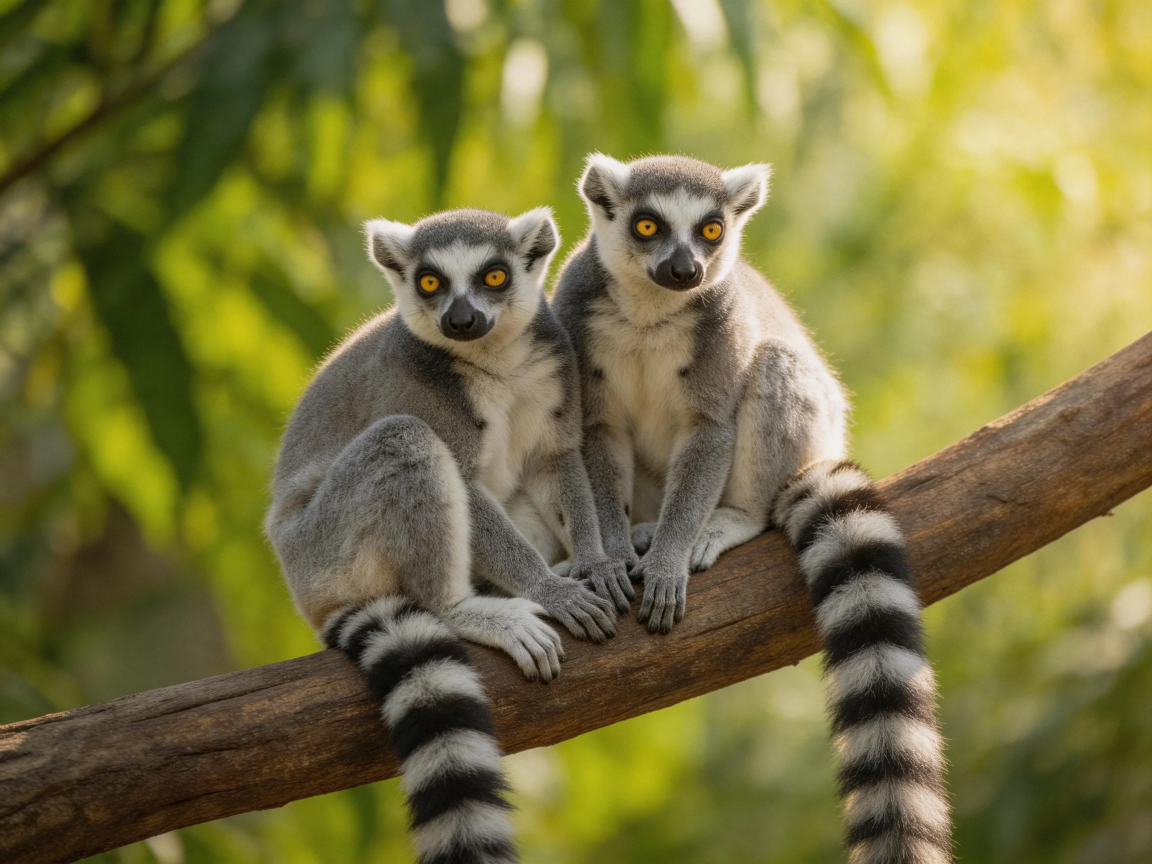 Two ring-tailed lemurs sit closely on a brown tree branch amid green foliage