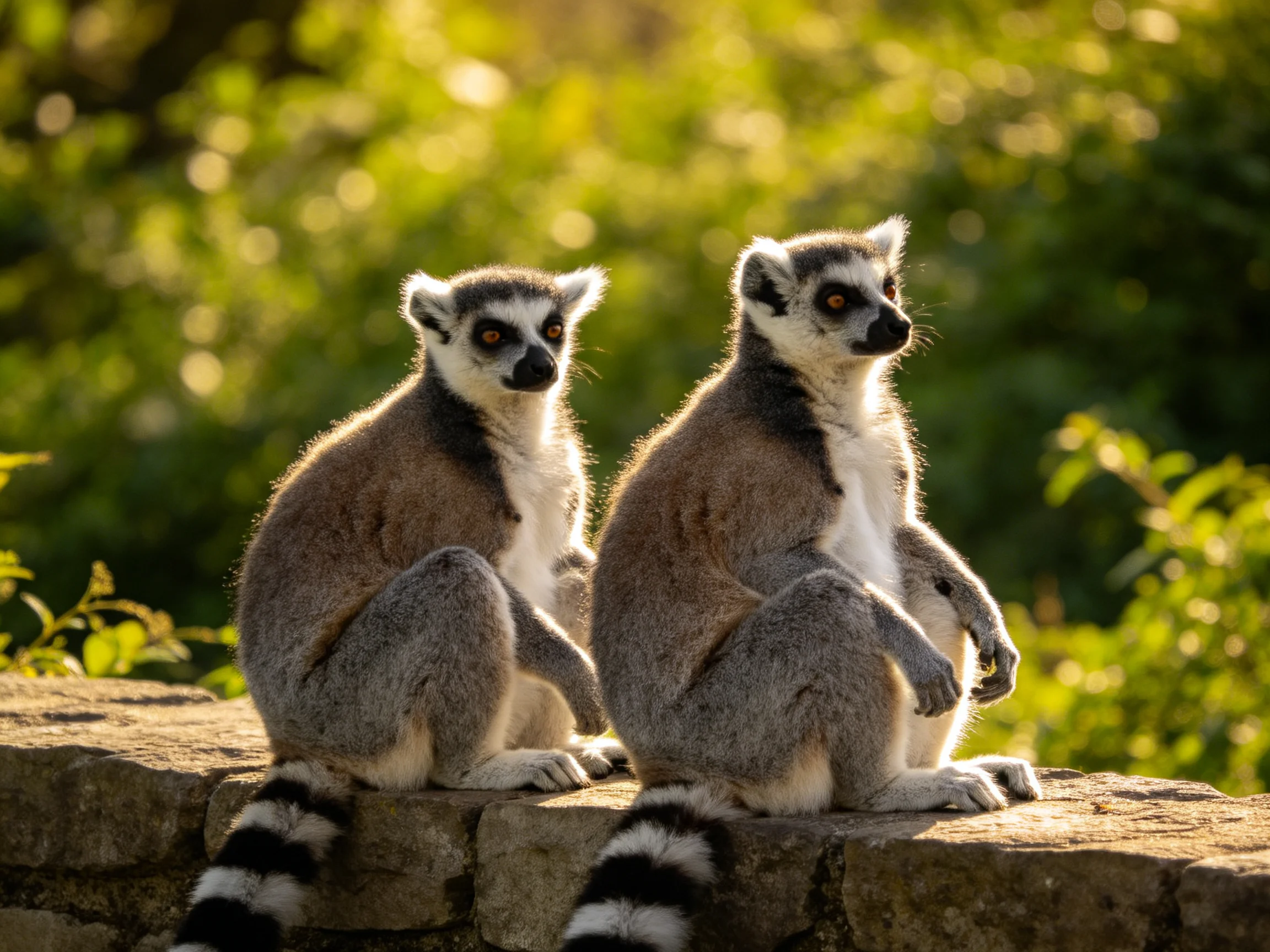 Two ring-tailed lemurs sit on a stone ledge amid lush green foliage