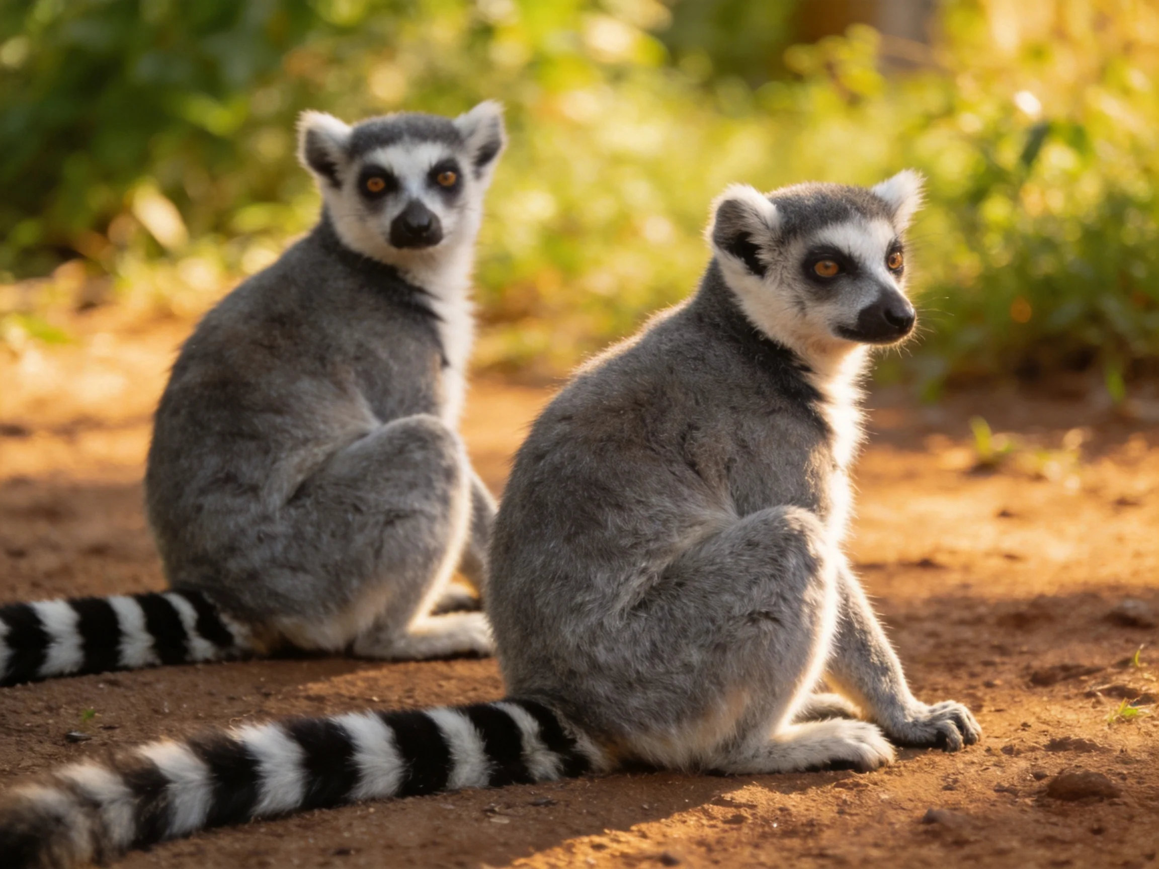 Two ring-tailed lemurs sit on reddish dirt near green foliage