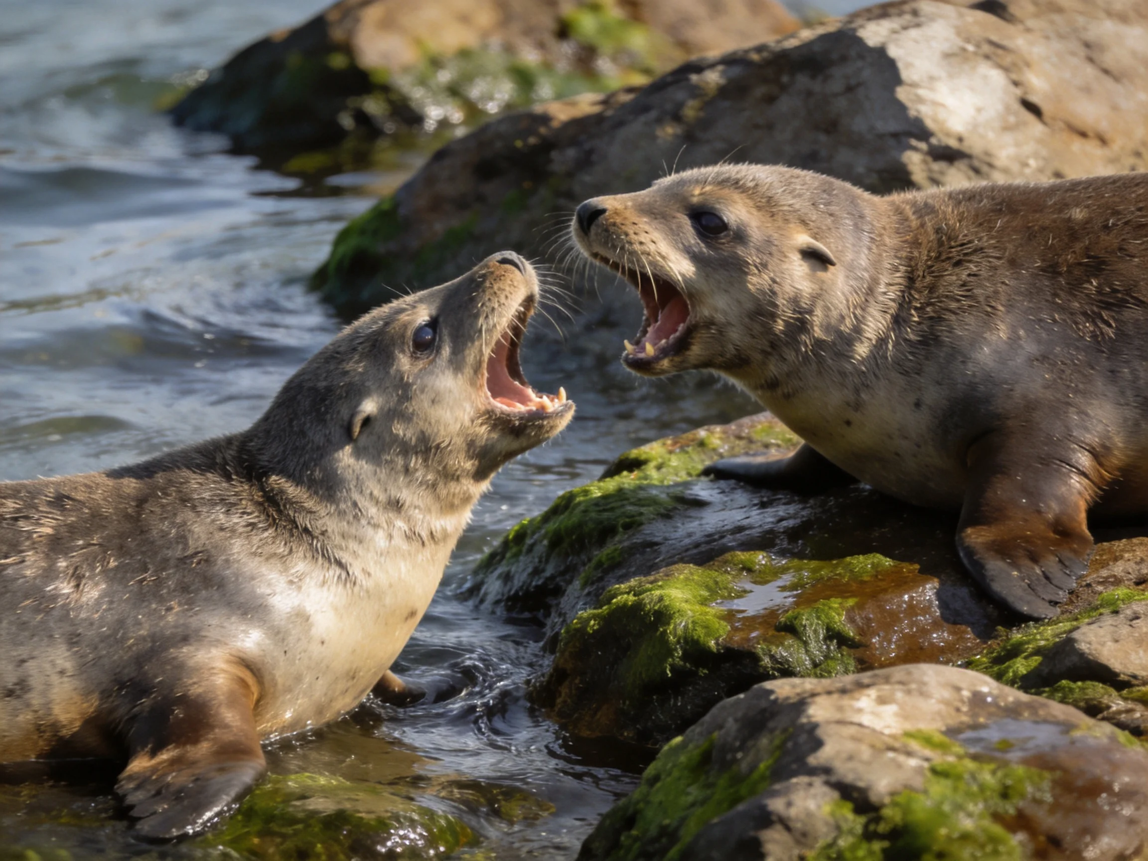 Two sea lions interact on mossy rocky shores by calm waters