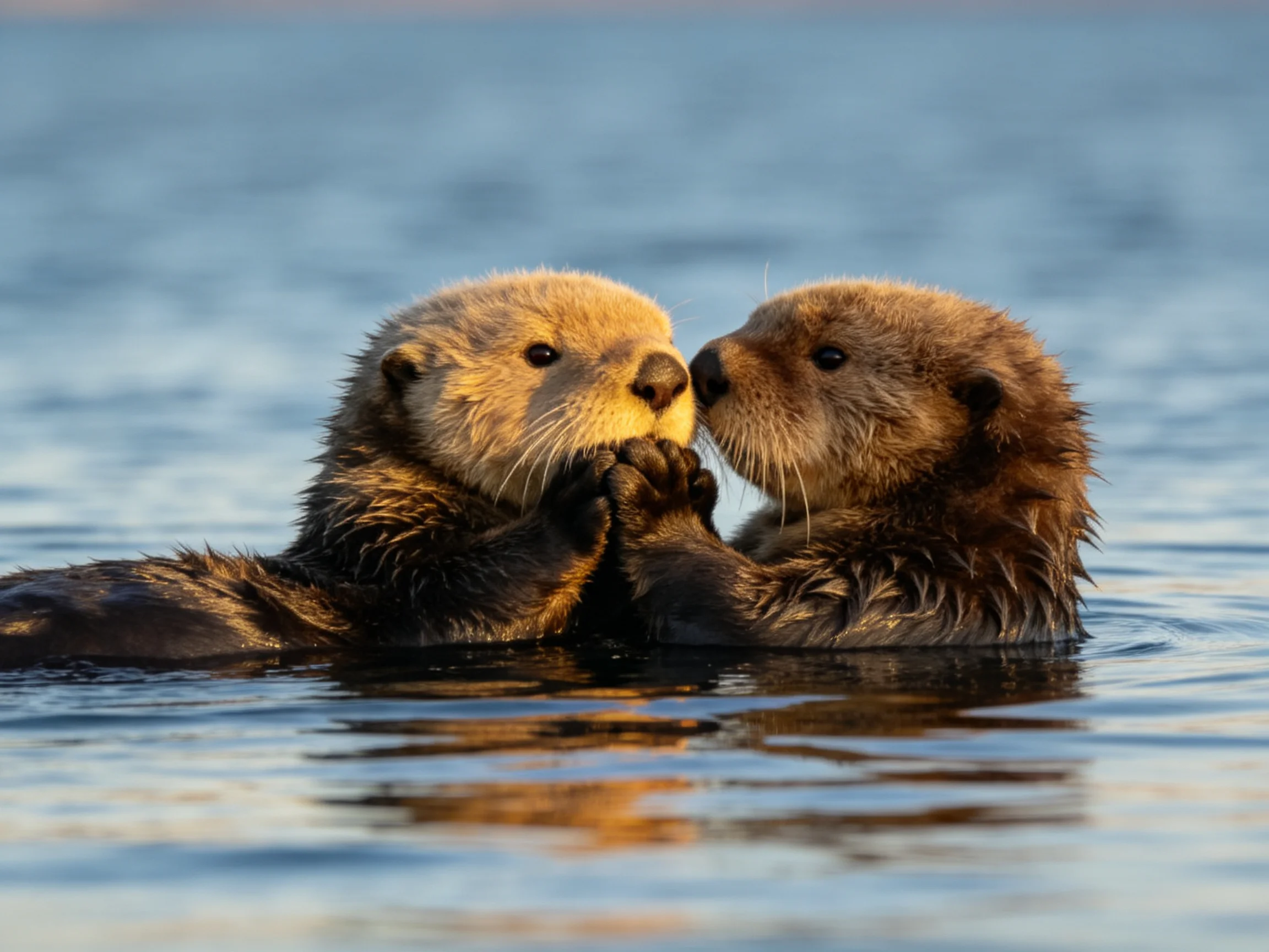 Two sea otters with wet brown coats nuzzle in serene blue water