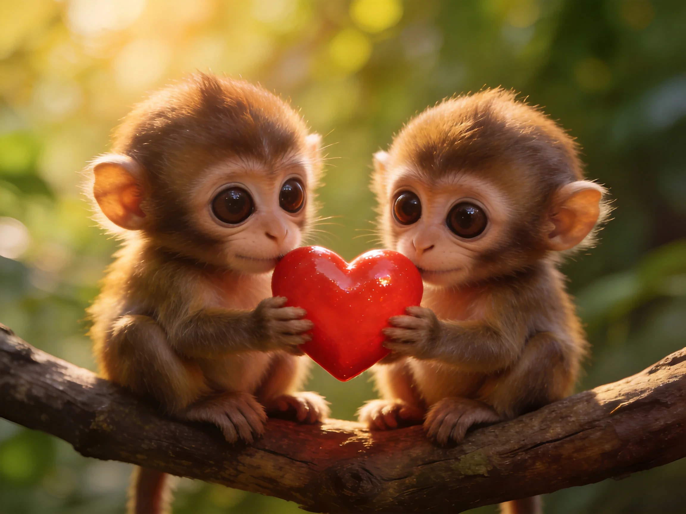 Two small brown monkeys hold a shiny red heart on a tree branch