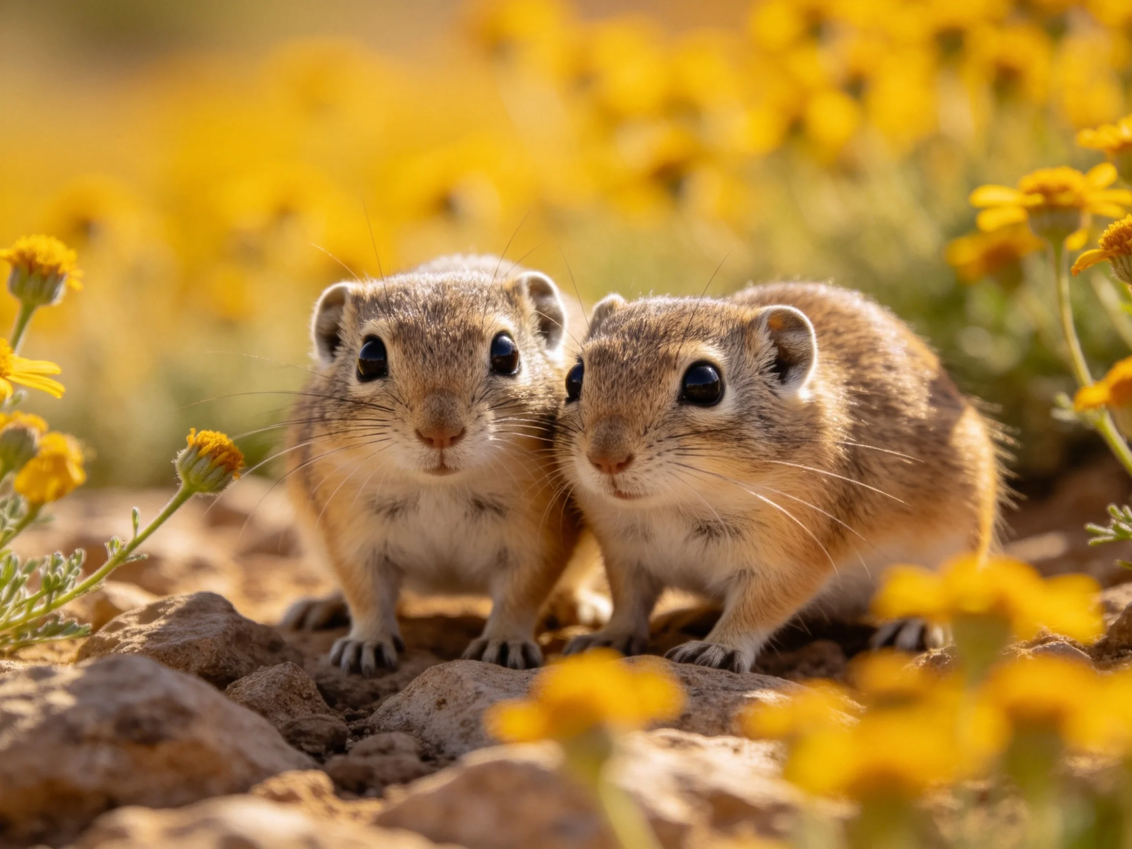 Two small brown rodents near vibrant yellow flowers and rocky terrain