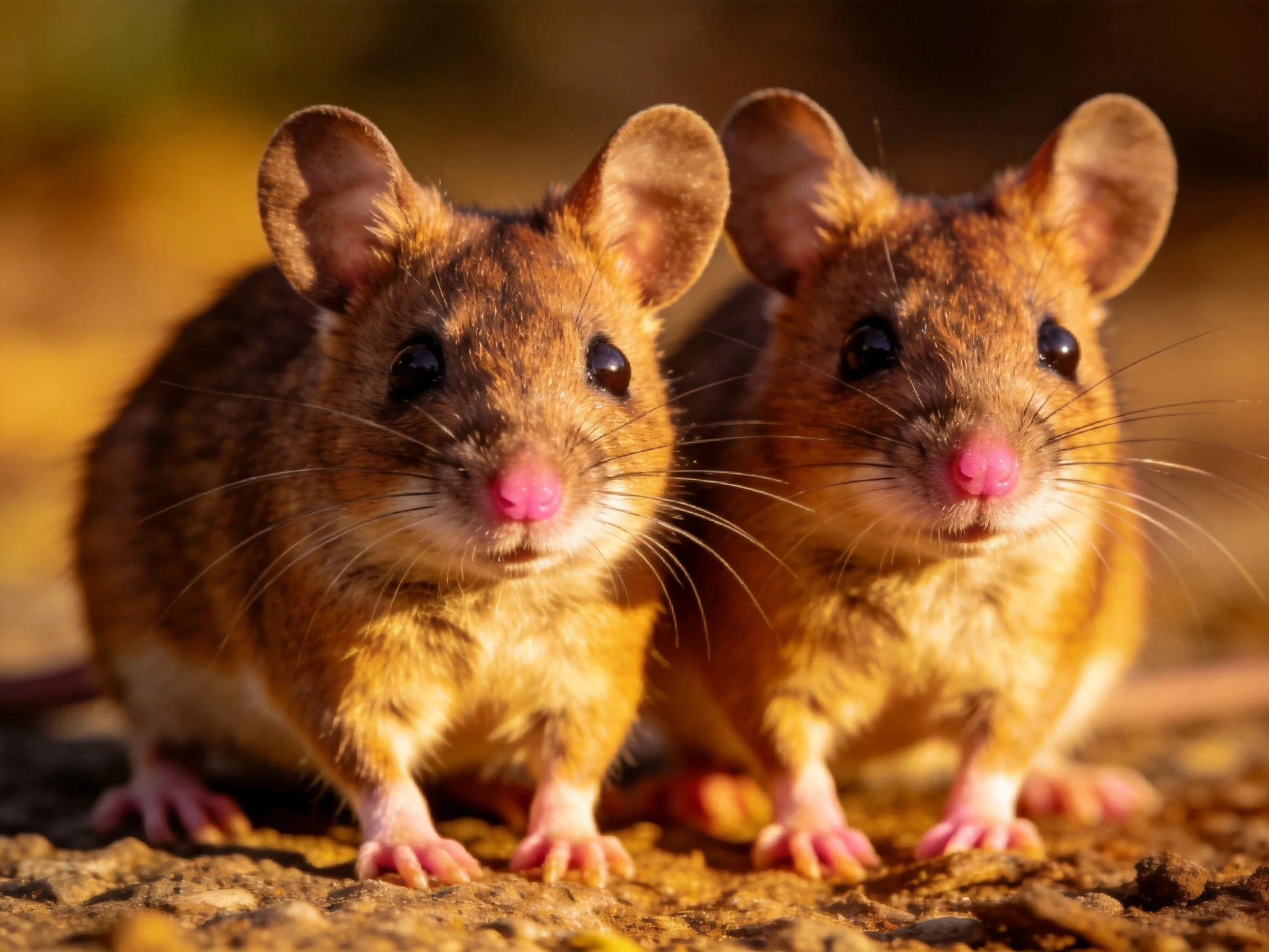 Two small brown rodents with pink noses sitclose together on a rocky surface.