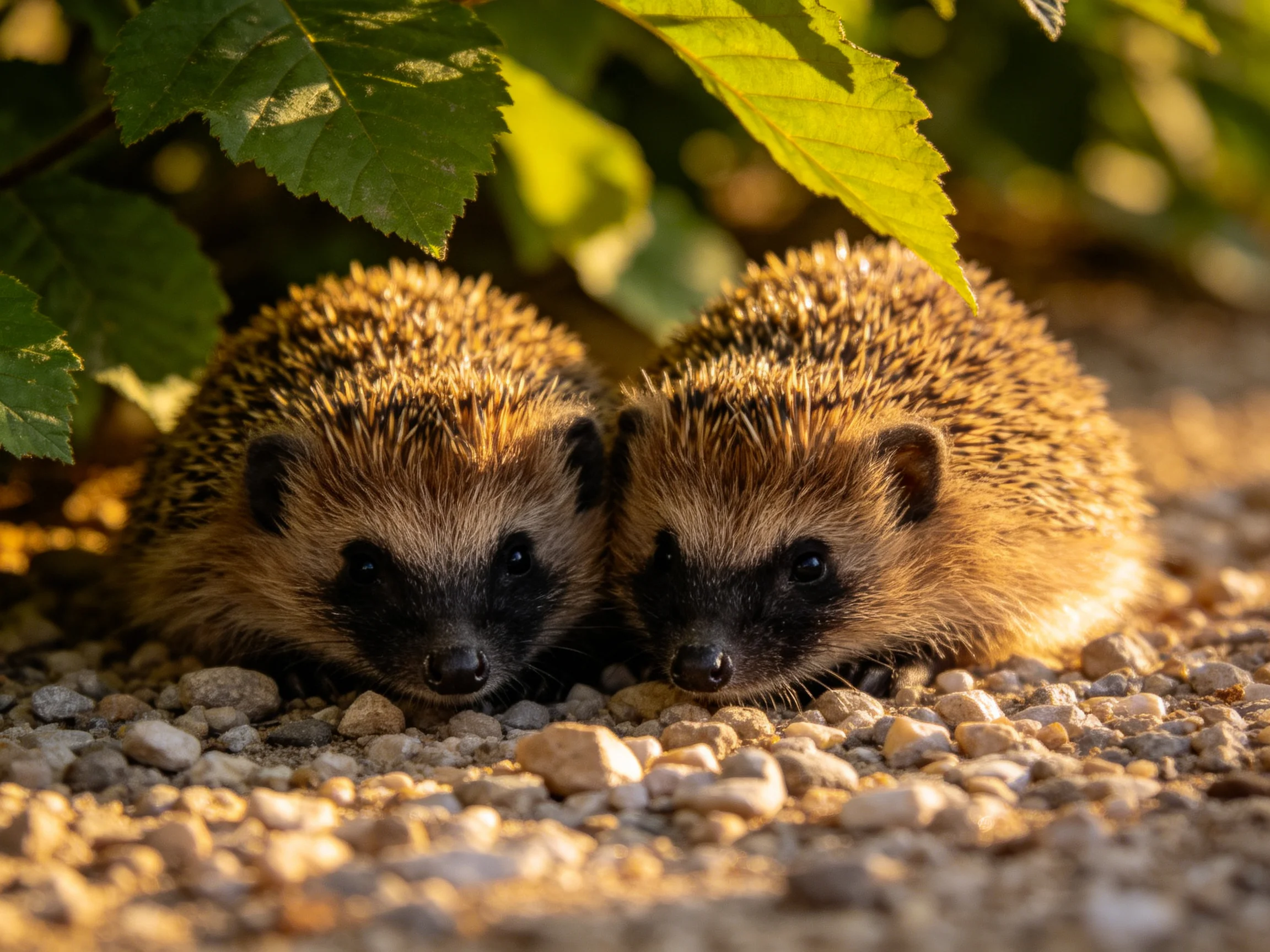 Two young hedgehogs sit close together on pebbles beneath leafy plants.