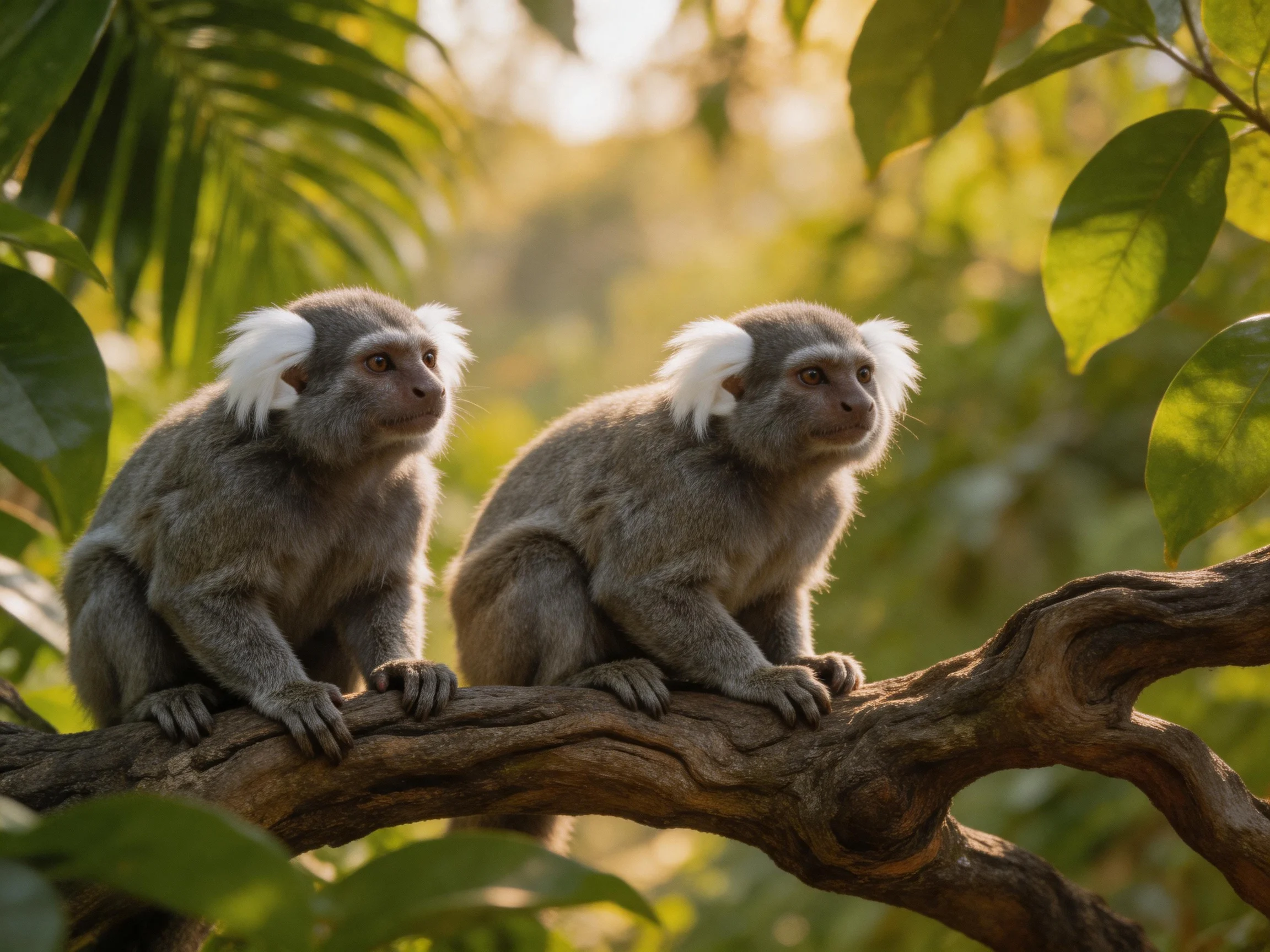 Two small gray monkeys with white ear tufts sit on a tree branch