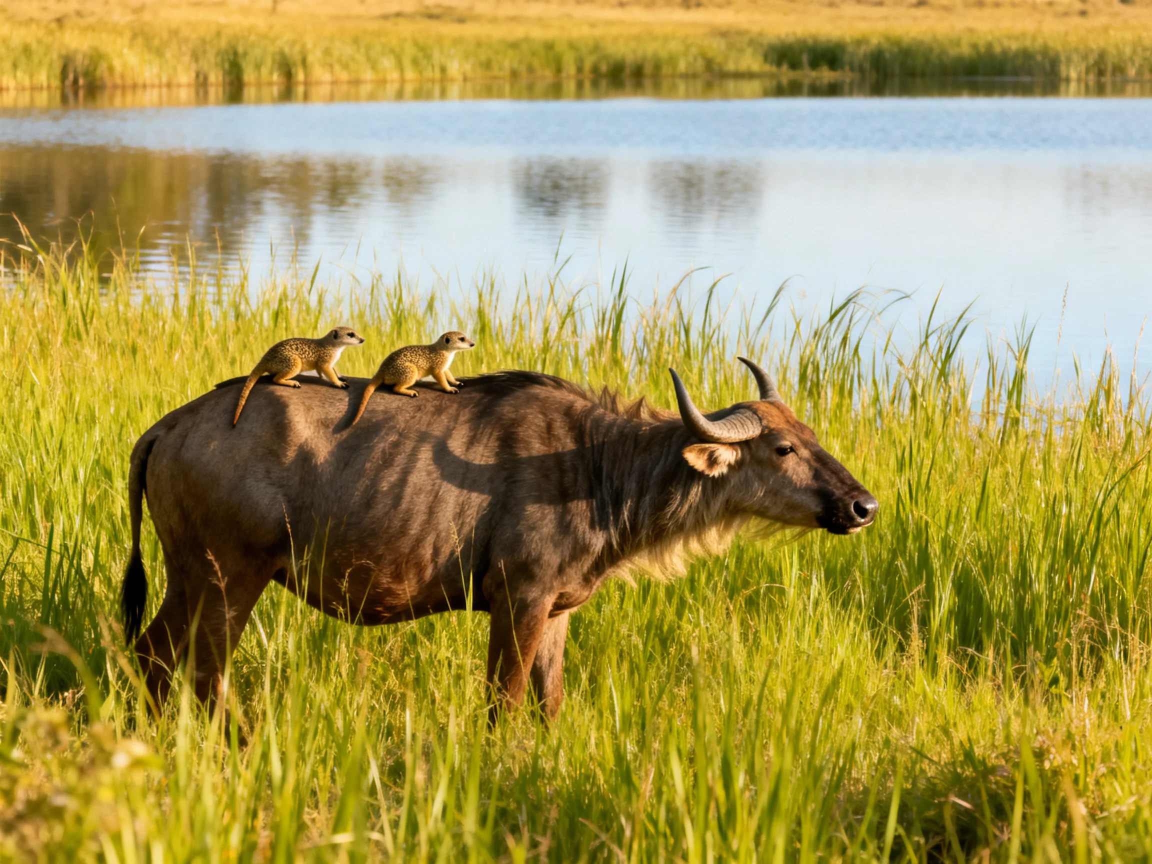 Two small mammals atop a brown buffalo near a calm blue lake