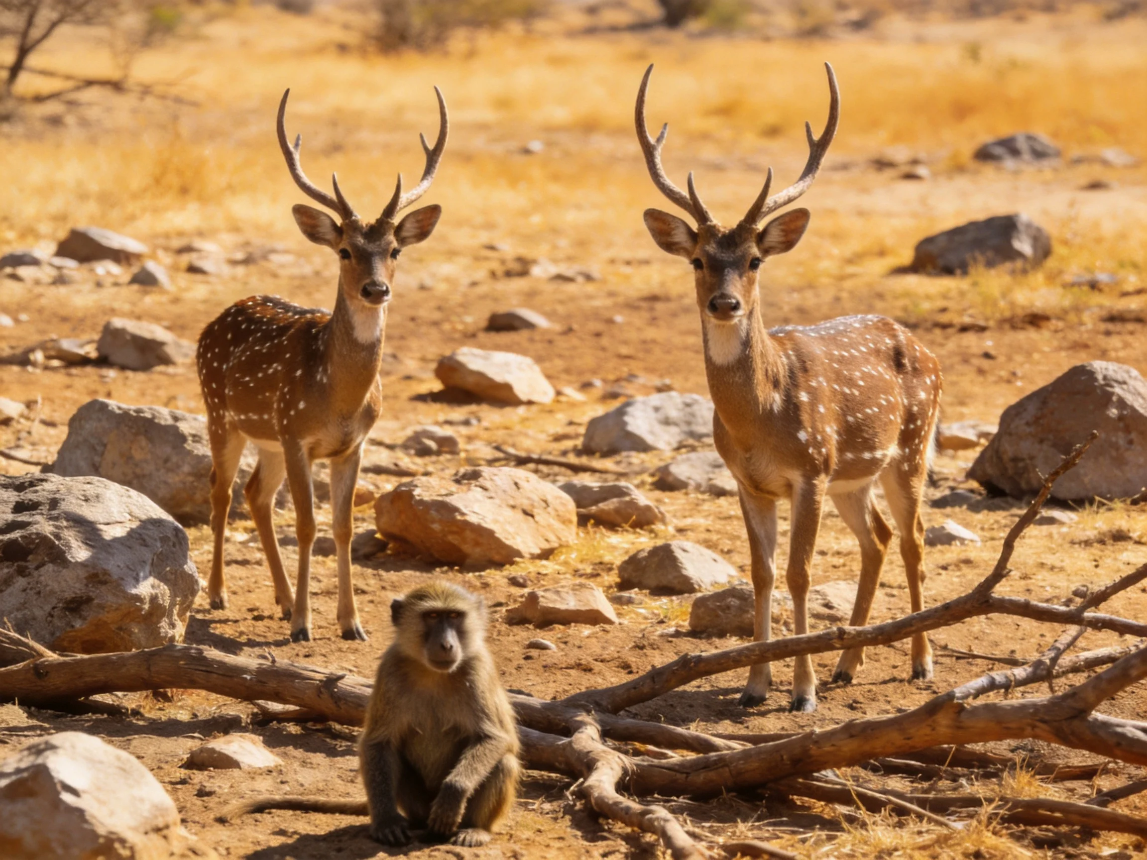 Two spotted deer and a baboon in a rocky, dry landscape