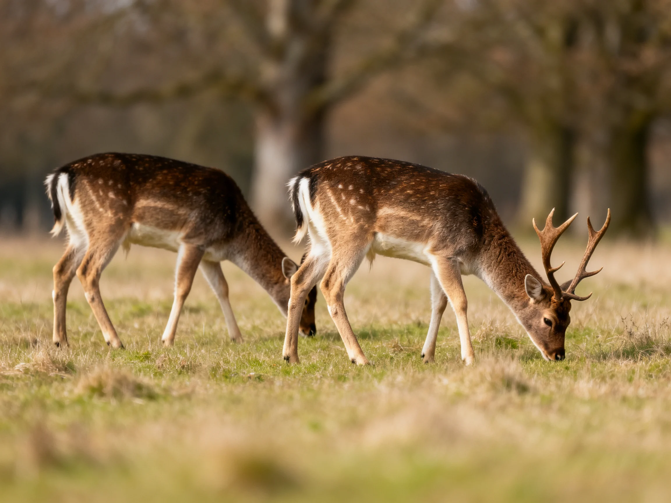 Two spotted deer graze in a sunlit meadow near trees