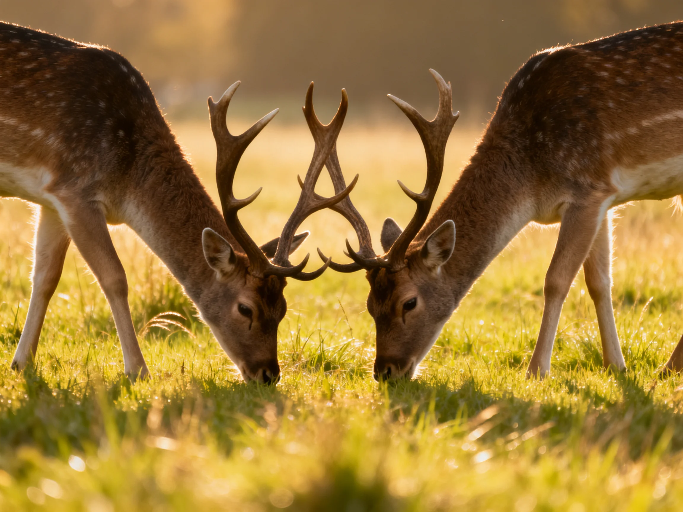 Two spotted deer graze in a sunlit meadow with crossed antlers