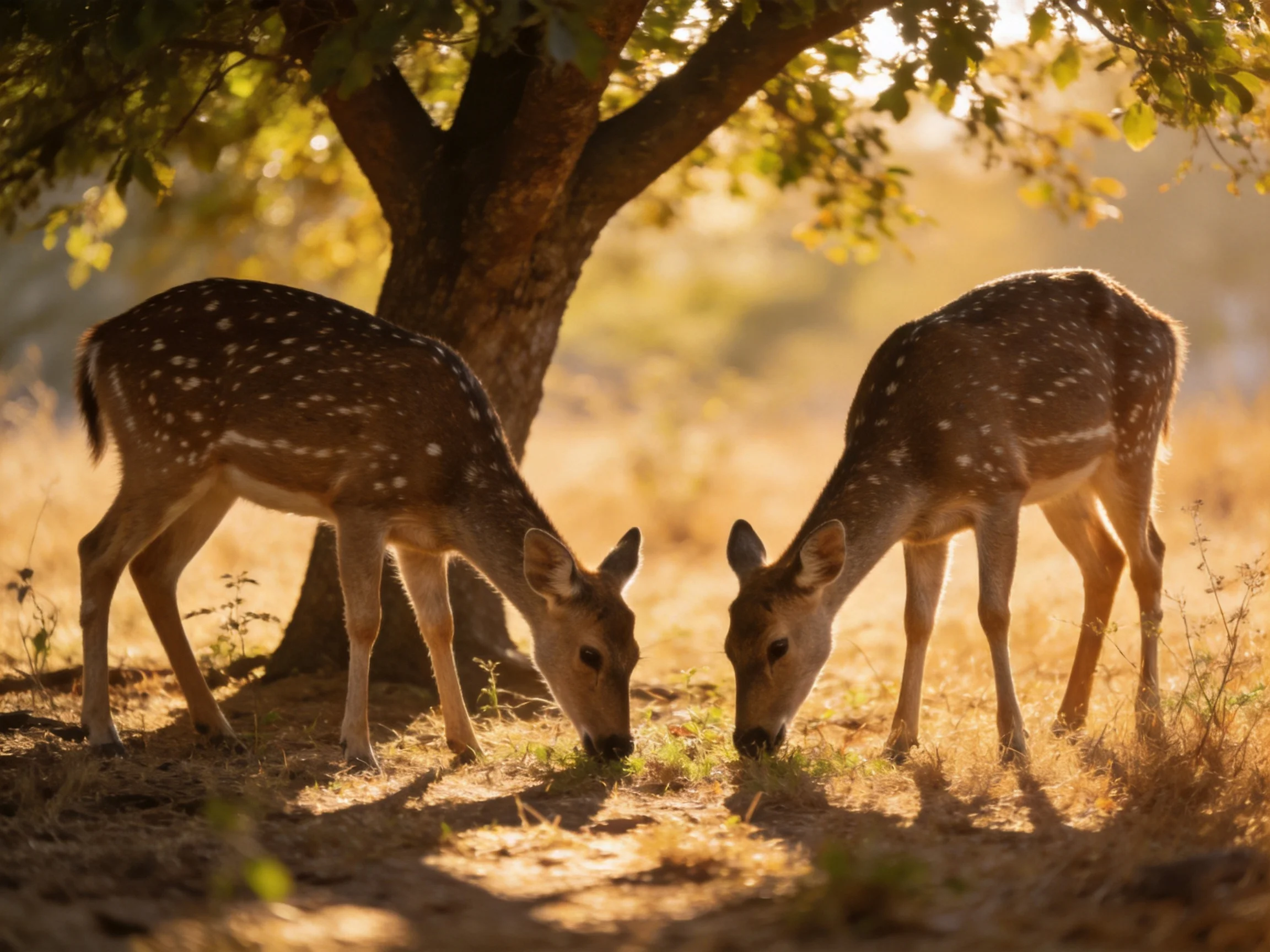 Two spotted deer graze under a large tree in a sunlit area