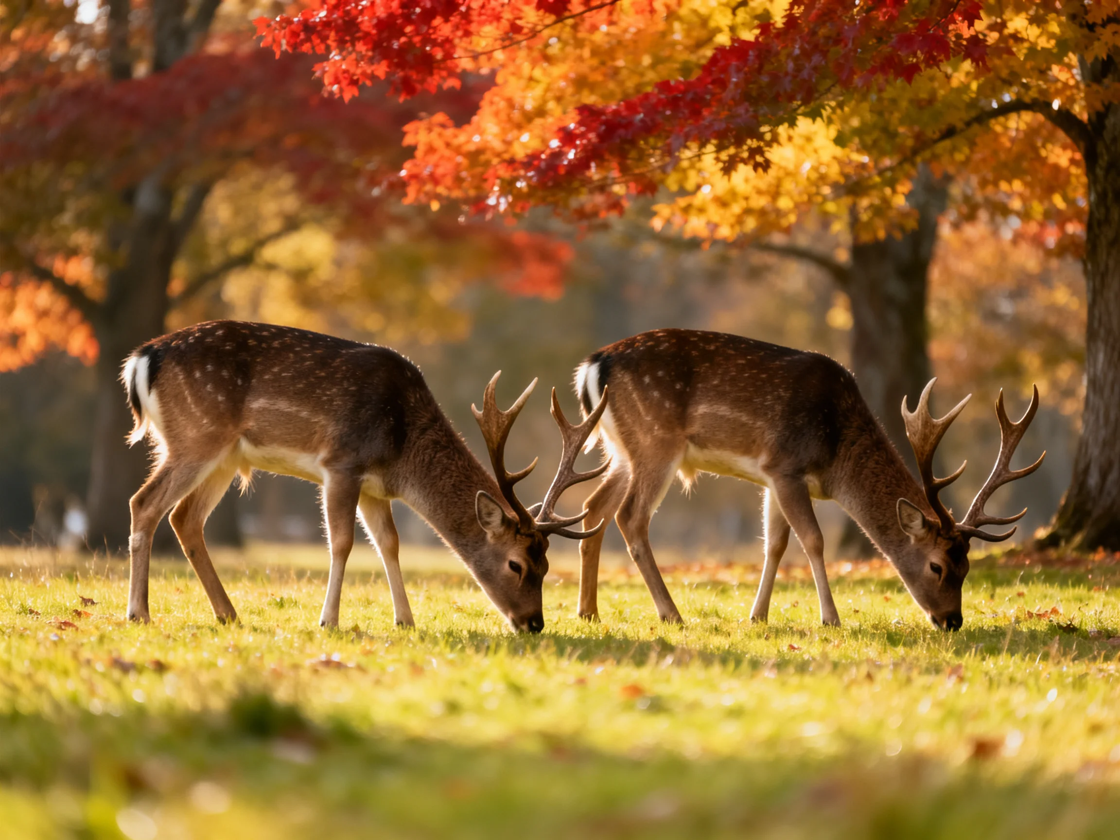 Two deer graze in a sunlit meadow near vibrant fall trees.