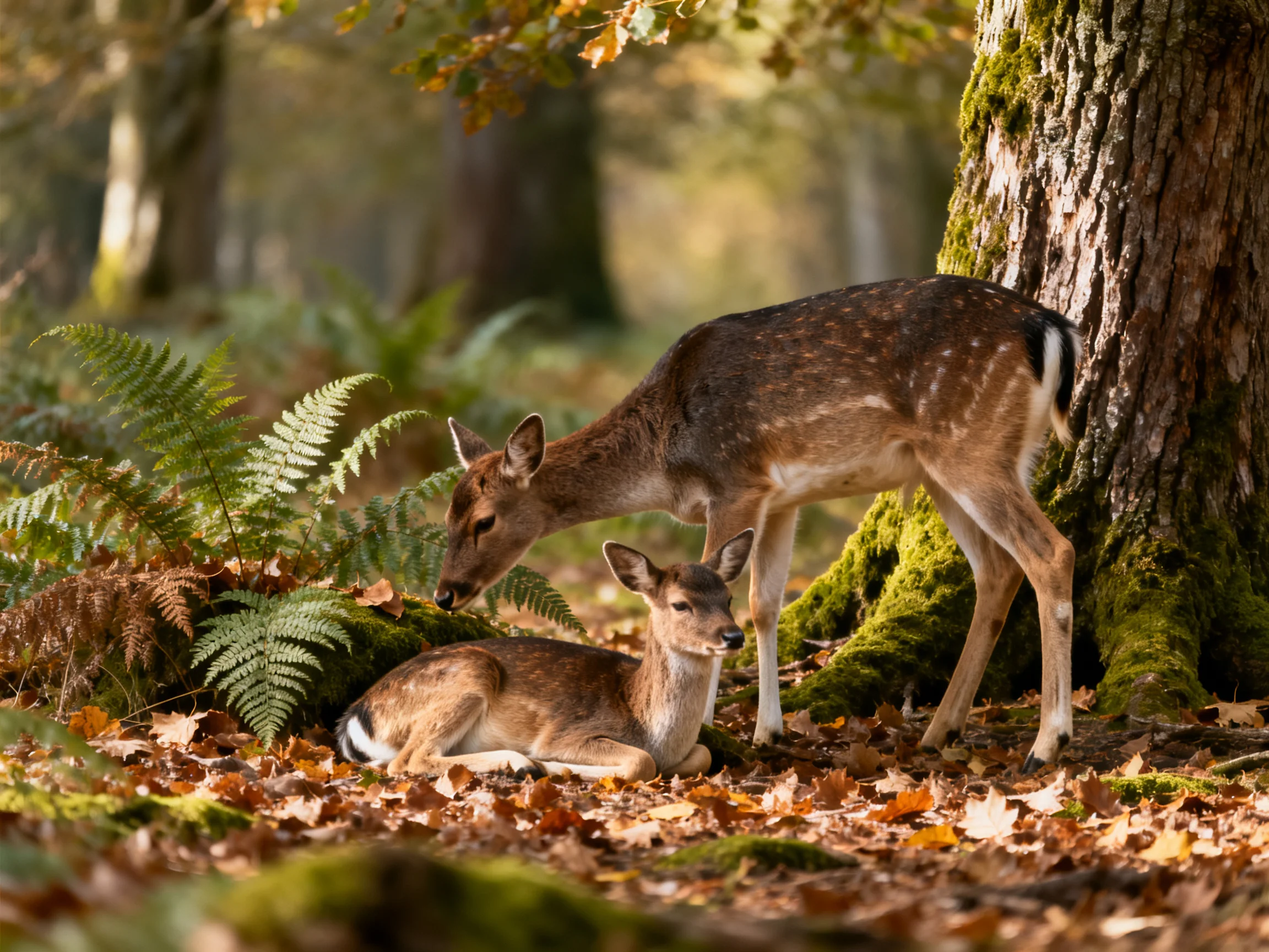Two spotted deer in a mossy forest with ferns