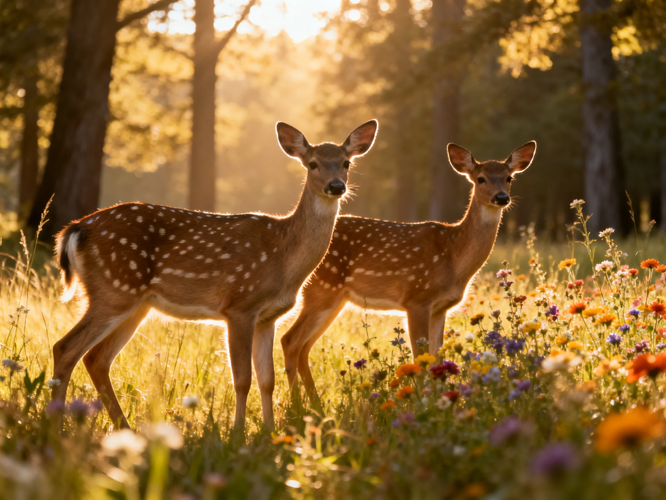 Two young deer with white spots are in a sunlit meadow with colorful flowers.