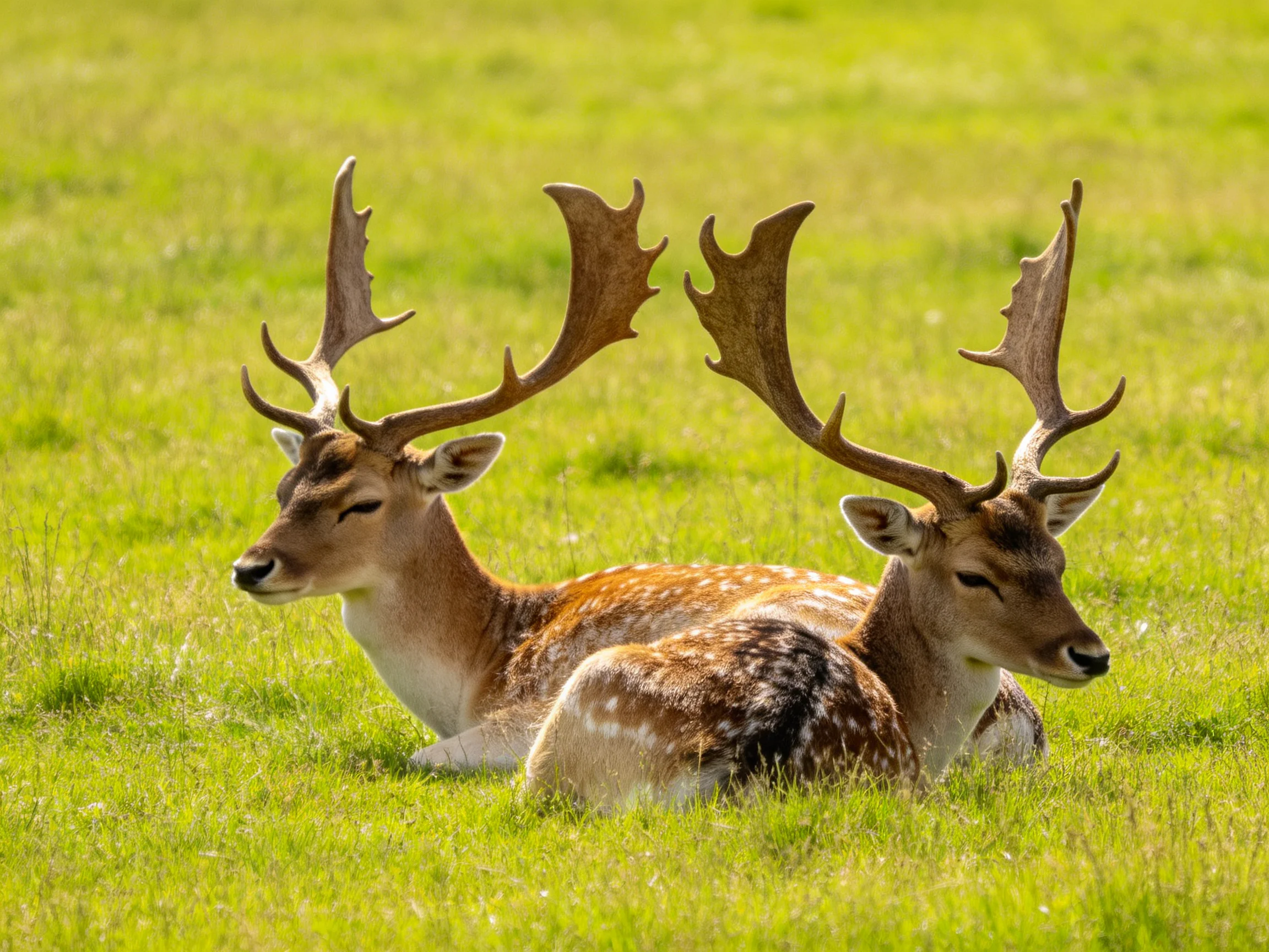 Two deer with large antlers relax together in a sunny grassy field.