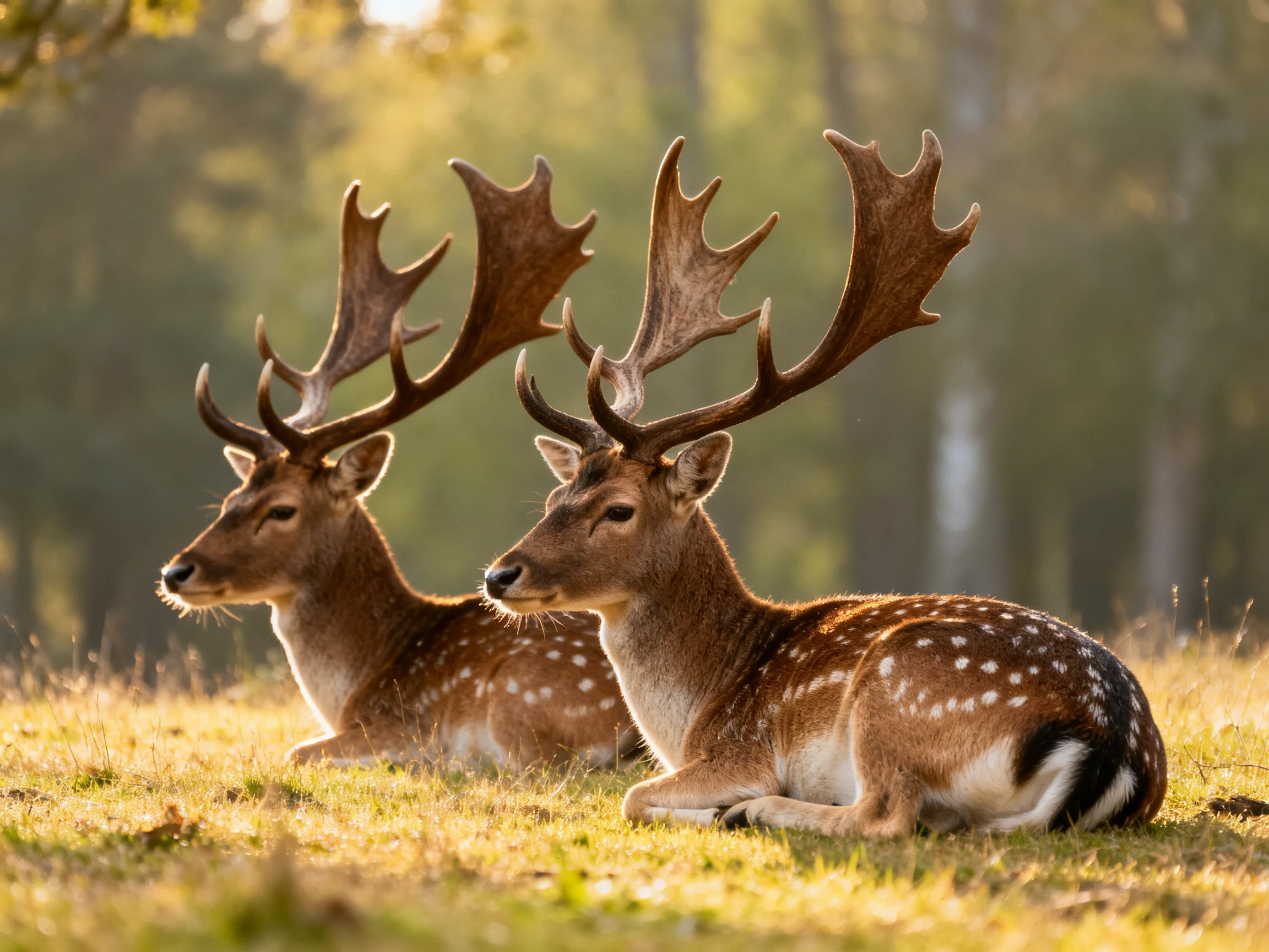 Two spotted deer relax in a sunlit forest clearing.