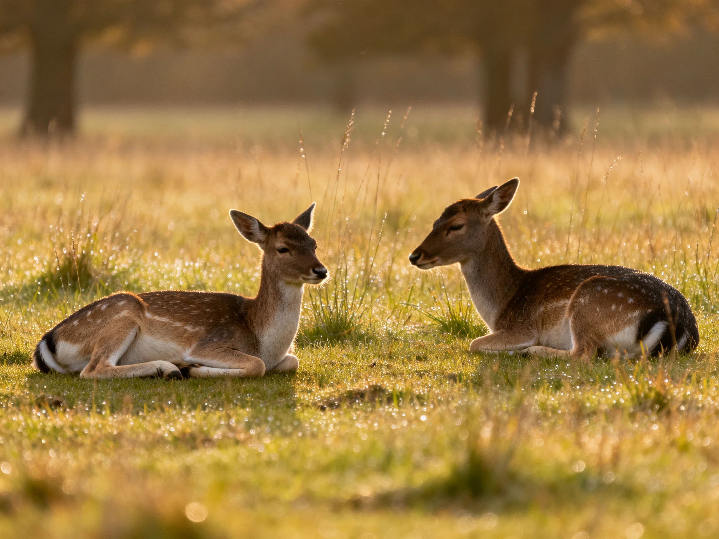 Two spotted deer relax together in a sunlit meadow.