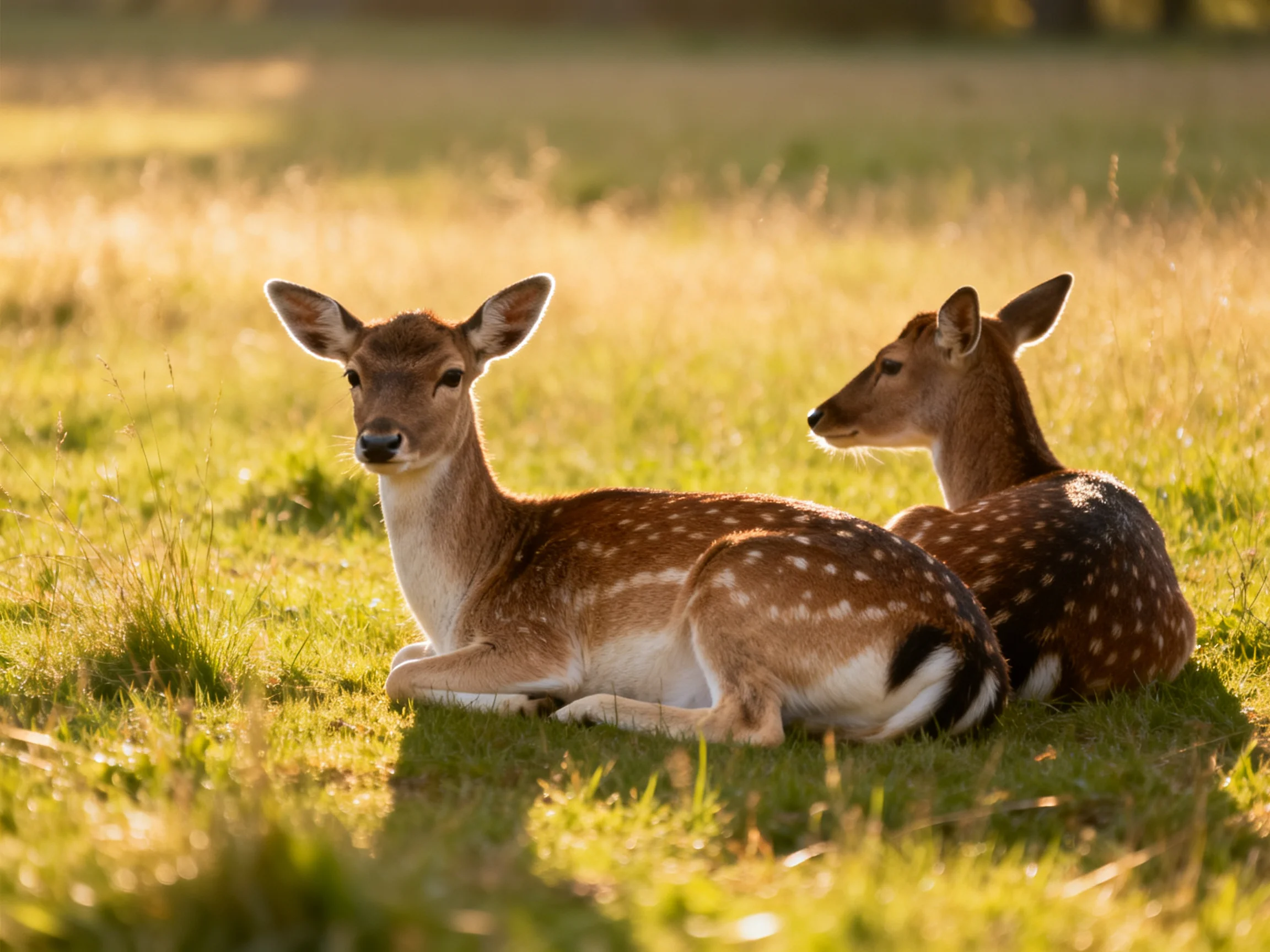 Two spotted deer relax on sun-drenched grass in nature.