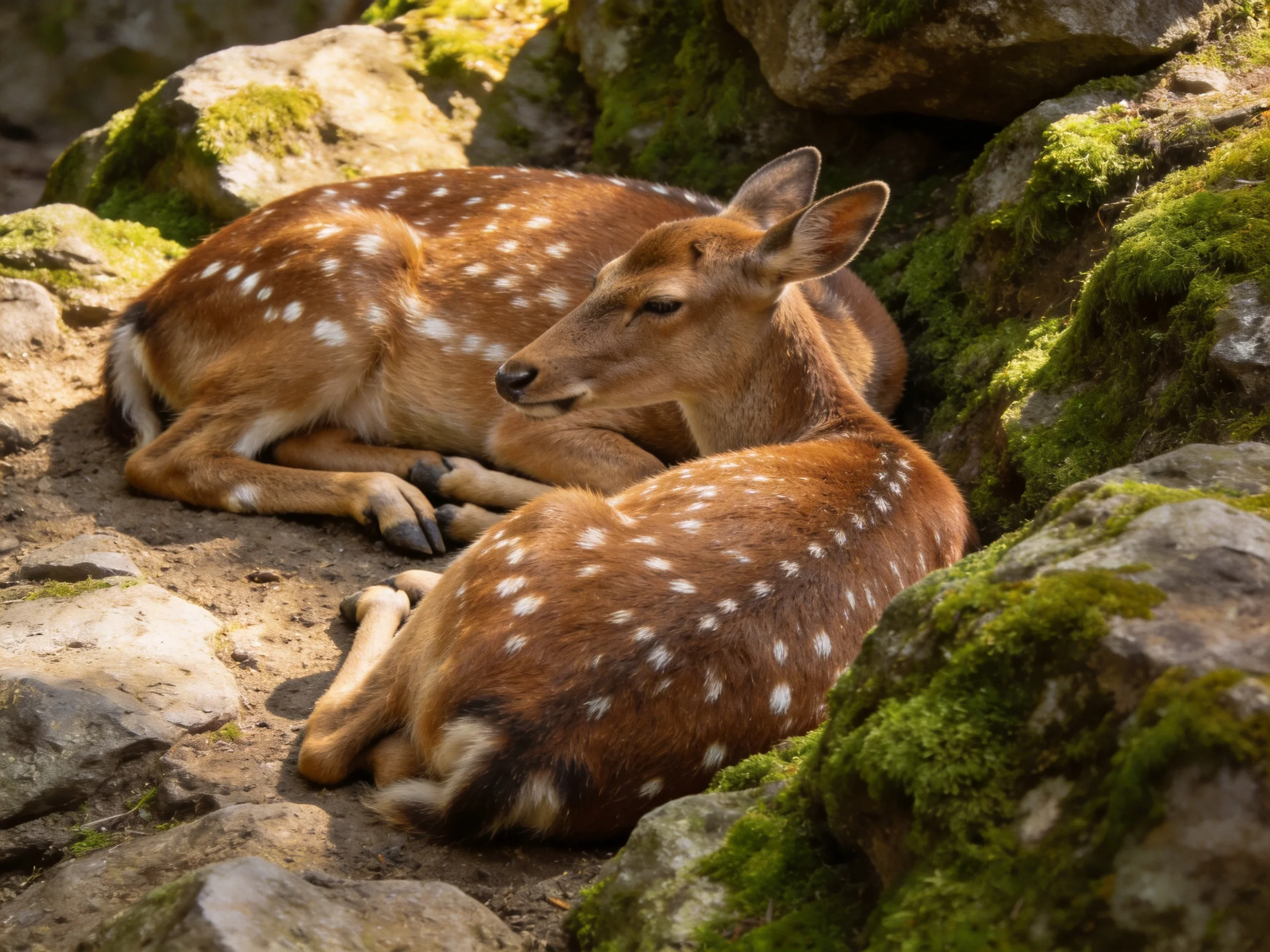 Two spotted deer rest near mossy rocks in sunlight