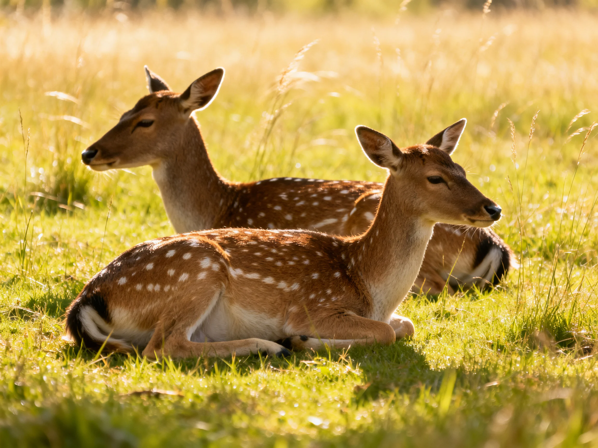 Two spotted deer rest calmly amid tall, golden grasses.