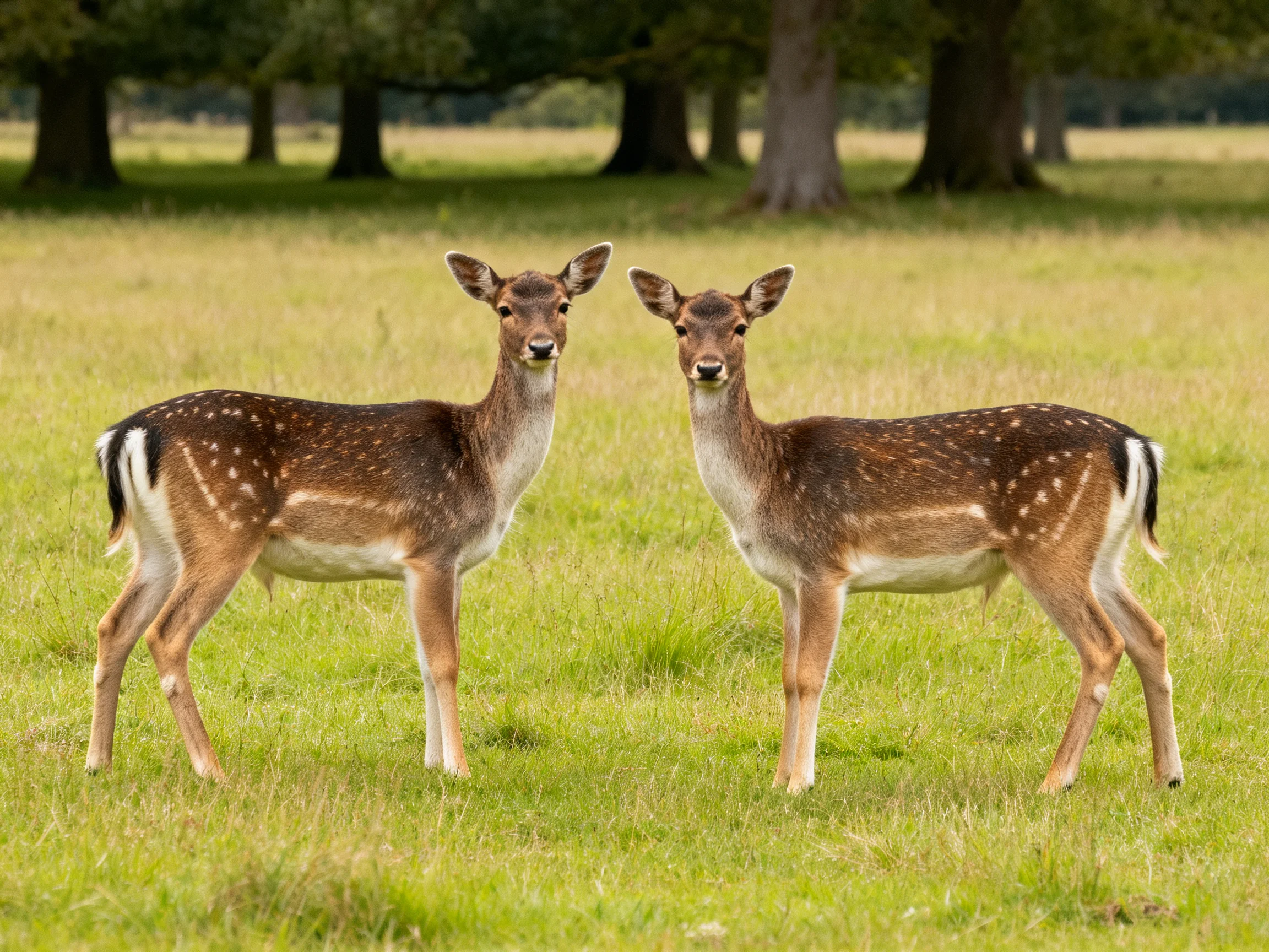 Two young deer with spotted coats are in a grassy area with trees