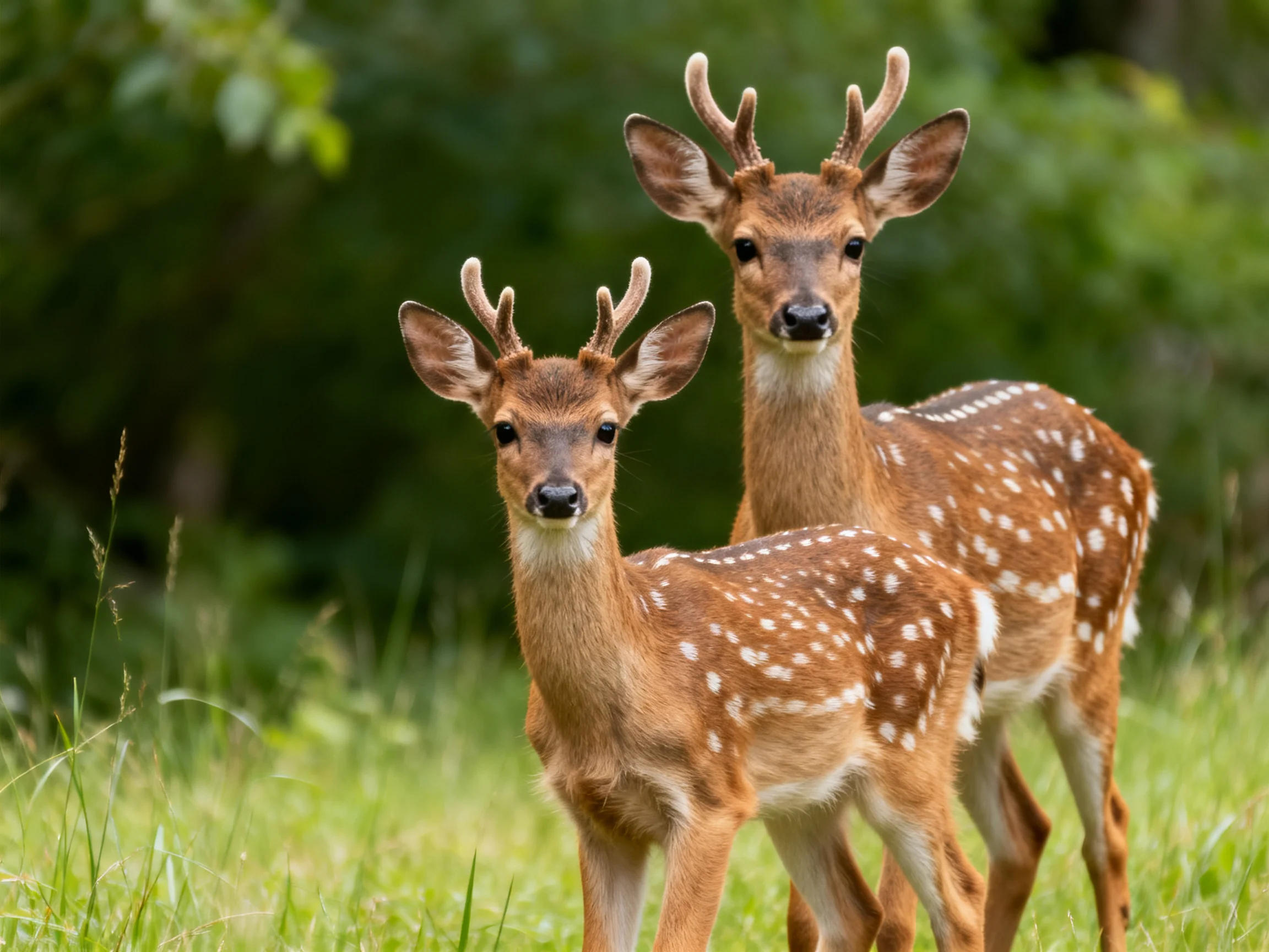 Two spotted deer stand together in a verdant field