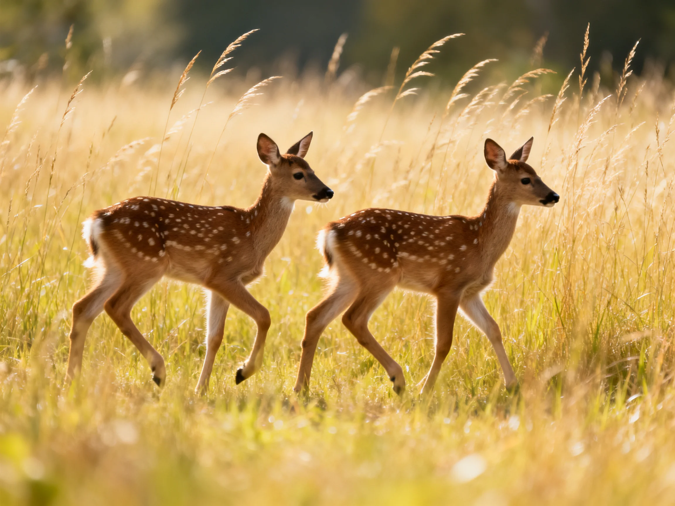 Two spotted fawn deer move together in a sunlit grassy field.