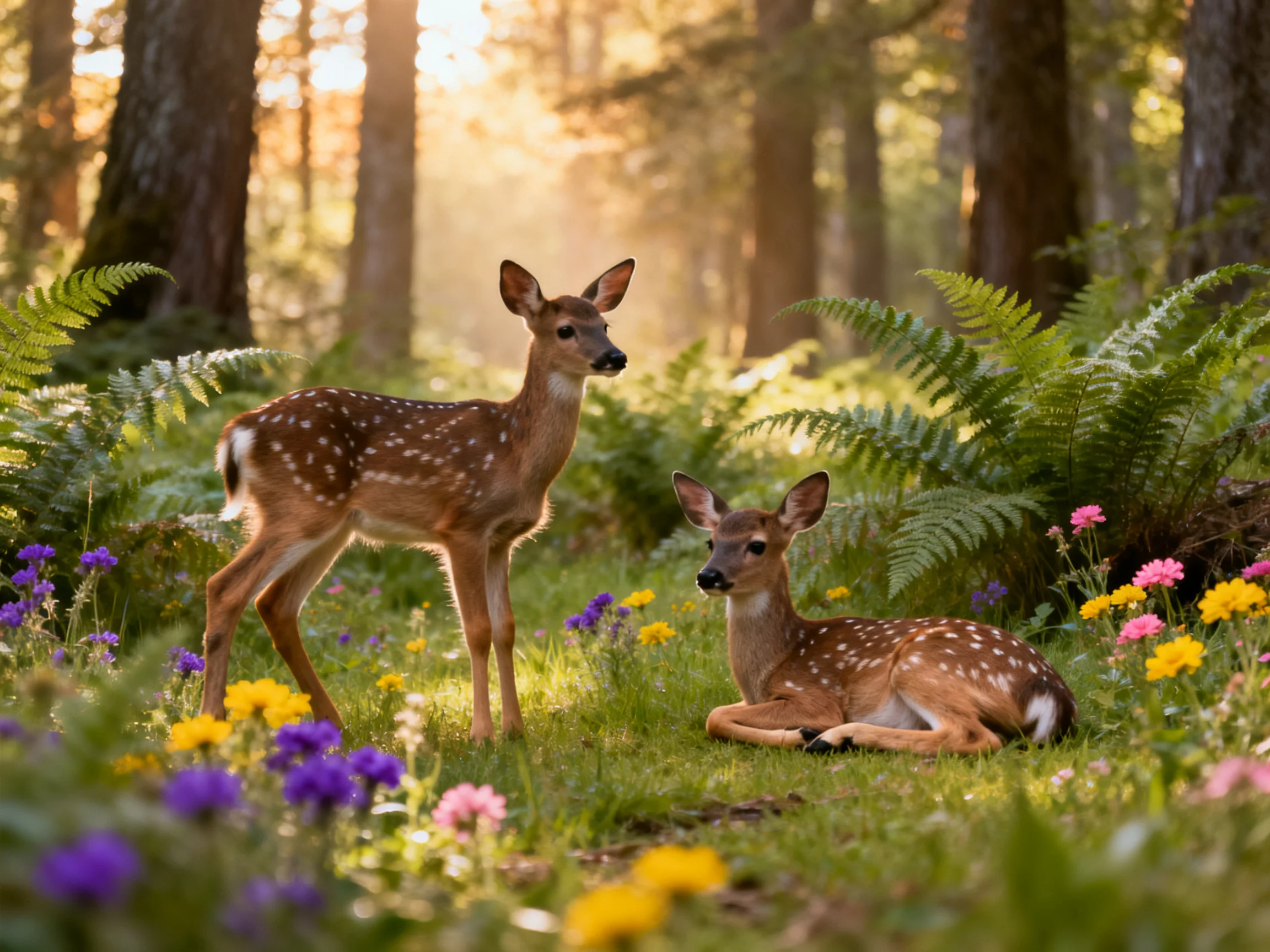 Two spotted fawns among colorful wildflowers in a sunlit forest
