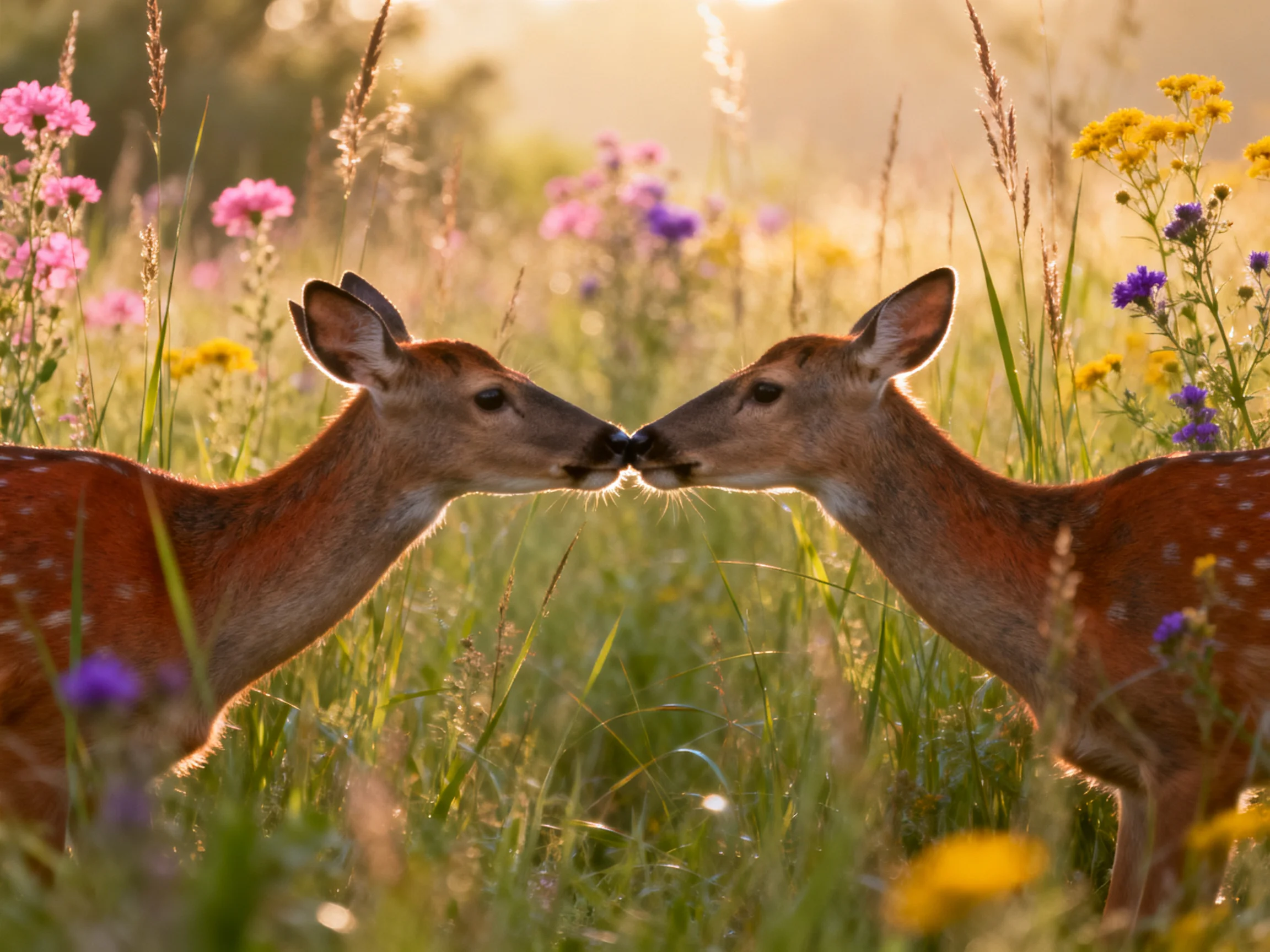 Two spotted fawns nuzzling amid colorful wildflowers in a sunlit meadow