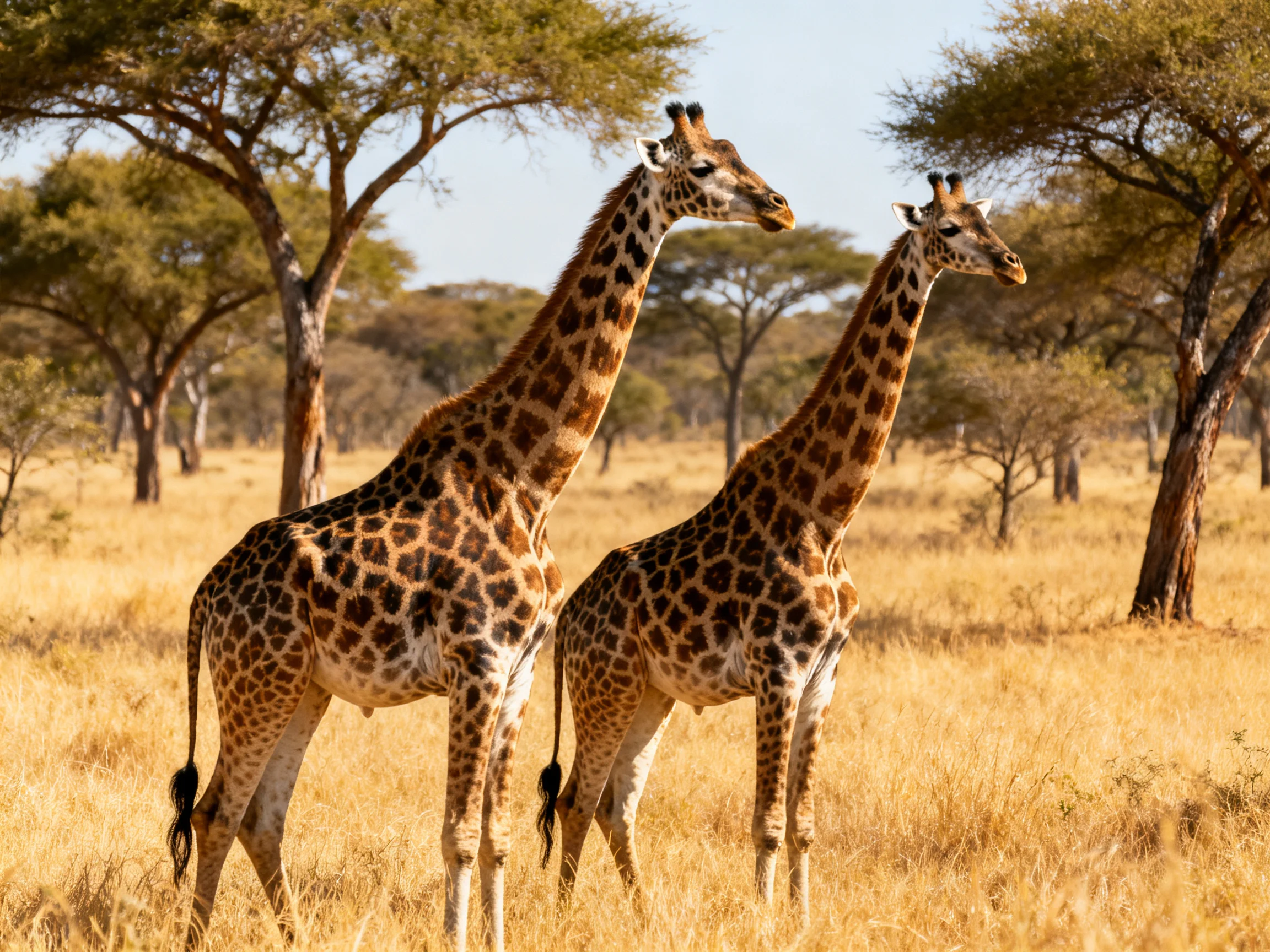 Two spotted giraffes in golden savannah near acacia trees