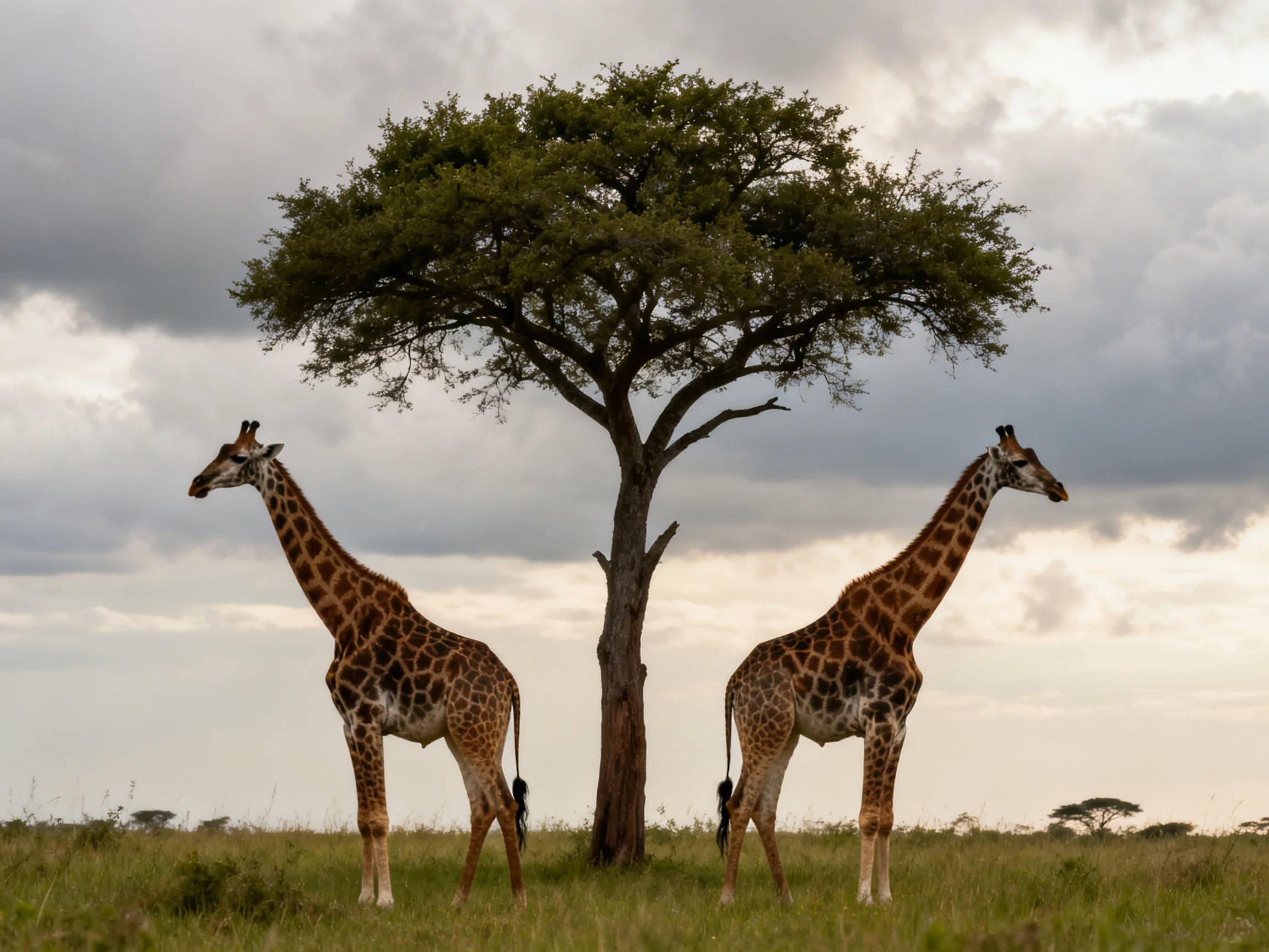 Two spotted giraffes stand beside a large acacia tree under a cloudy sky