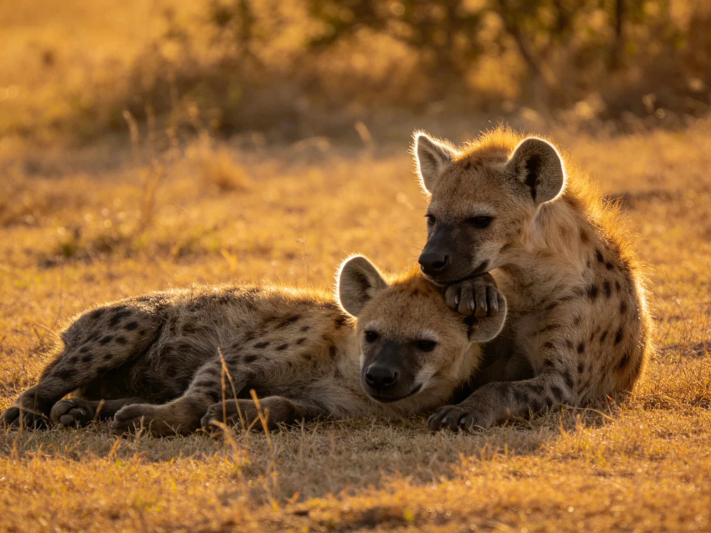 Two spotted hyena cubs napping in sun-drenched savanna grass