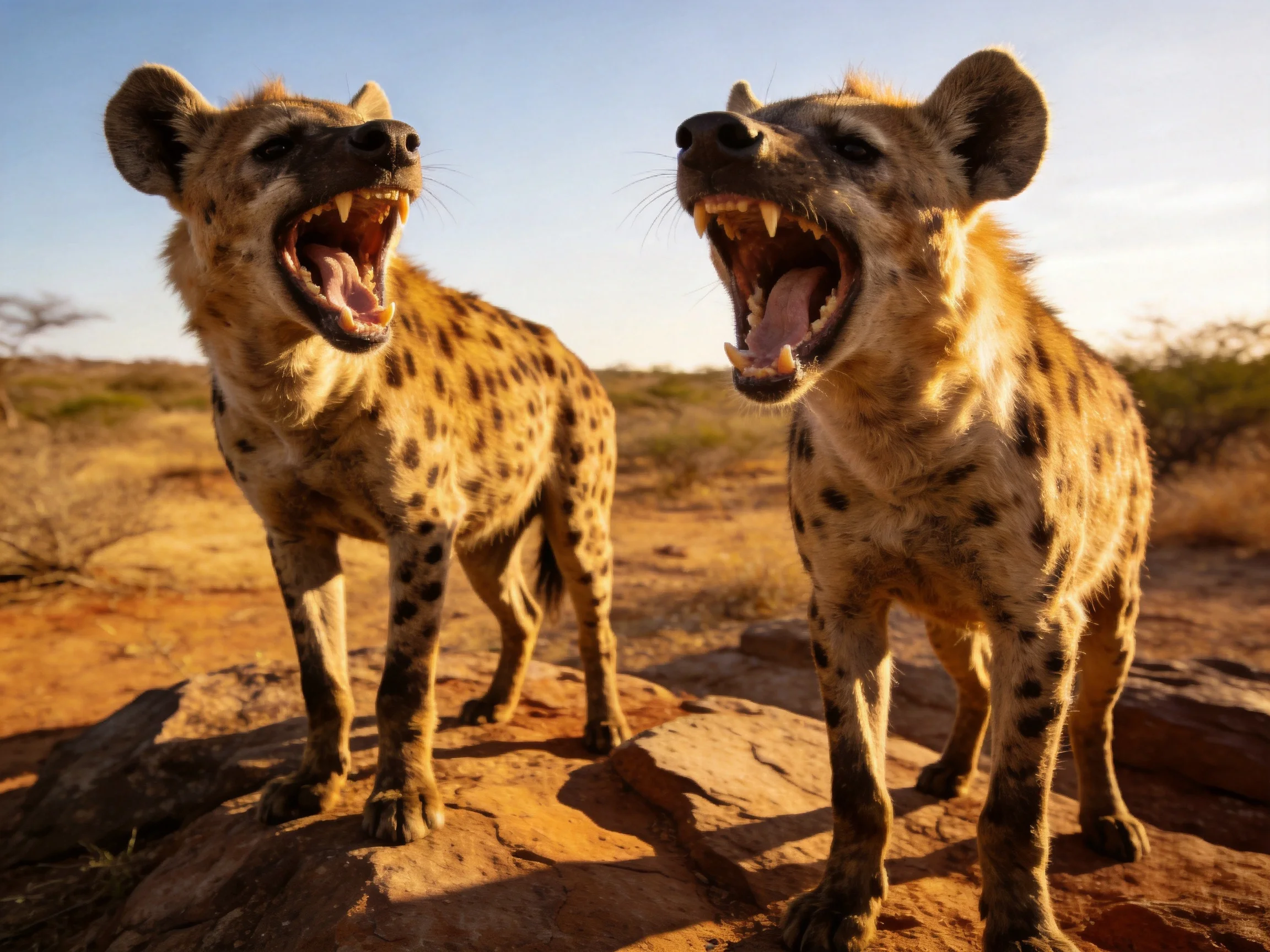 Two spotted hyenas roaring on a rocky savannah terrain